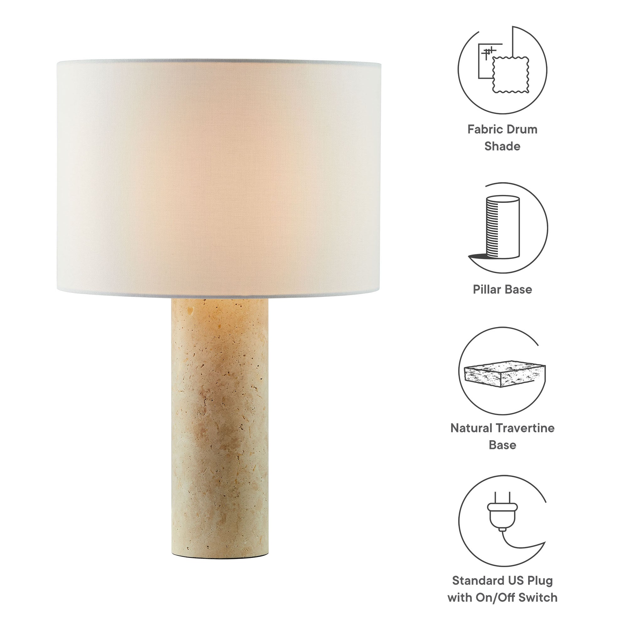 Zenith Travertine Table Lamp With Fabric Drum Shade, Travertine