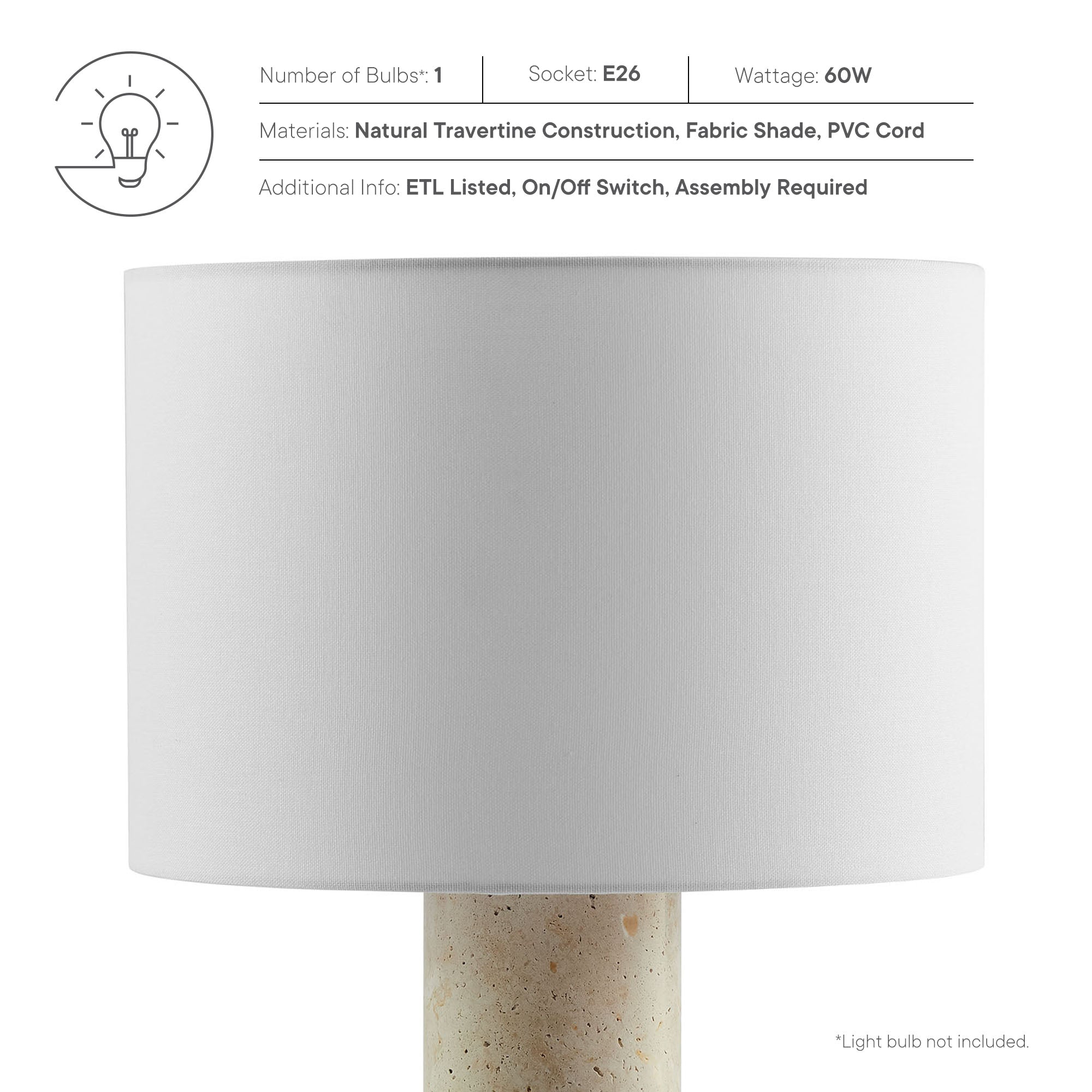 Zenith Travertine Table Lamp With Fabric Drum Shade, Travertine