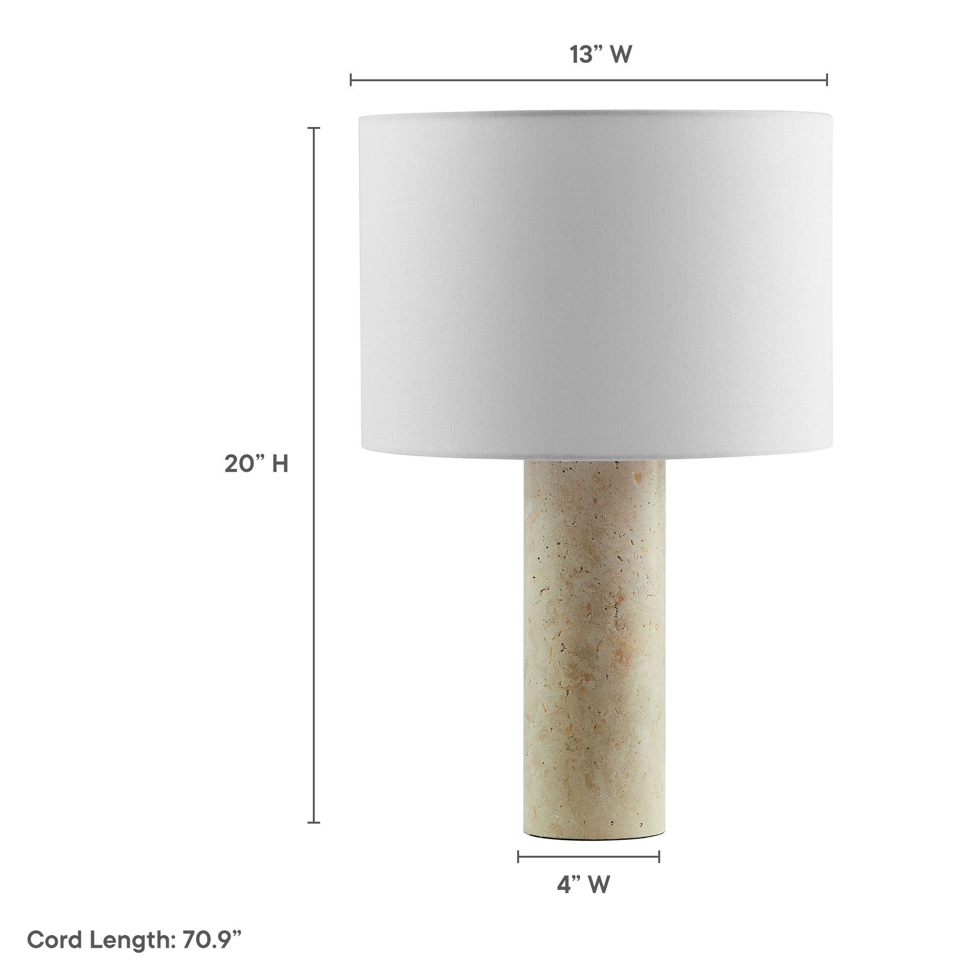 Zenith Travertine Table Lamp With Fabric Drum Shade, Travertine