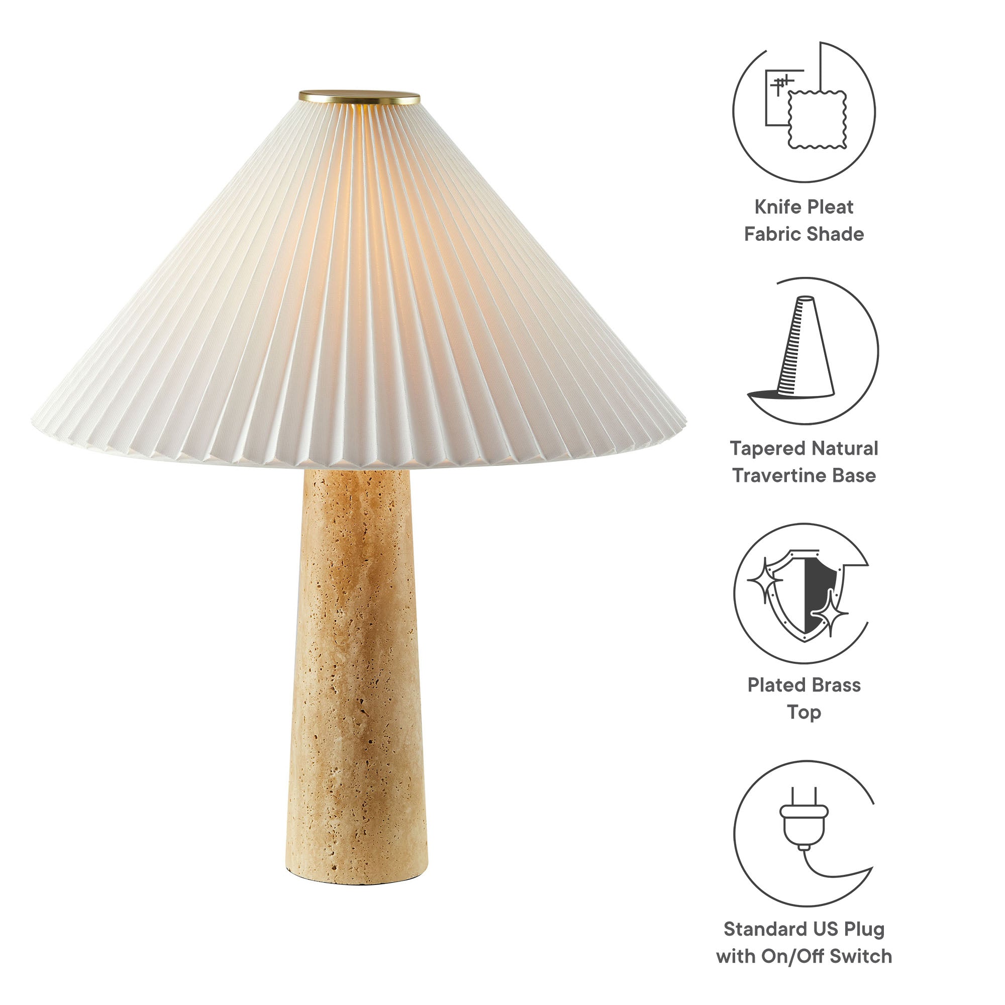 Cove Travertine Table Lamp With Pleated Shade, Travertine