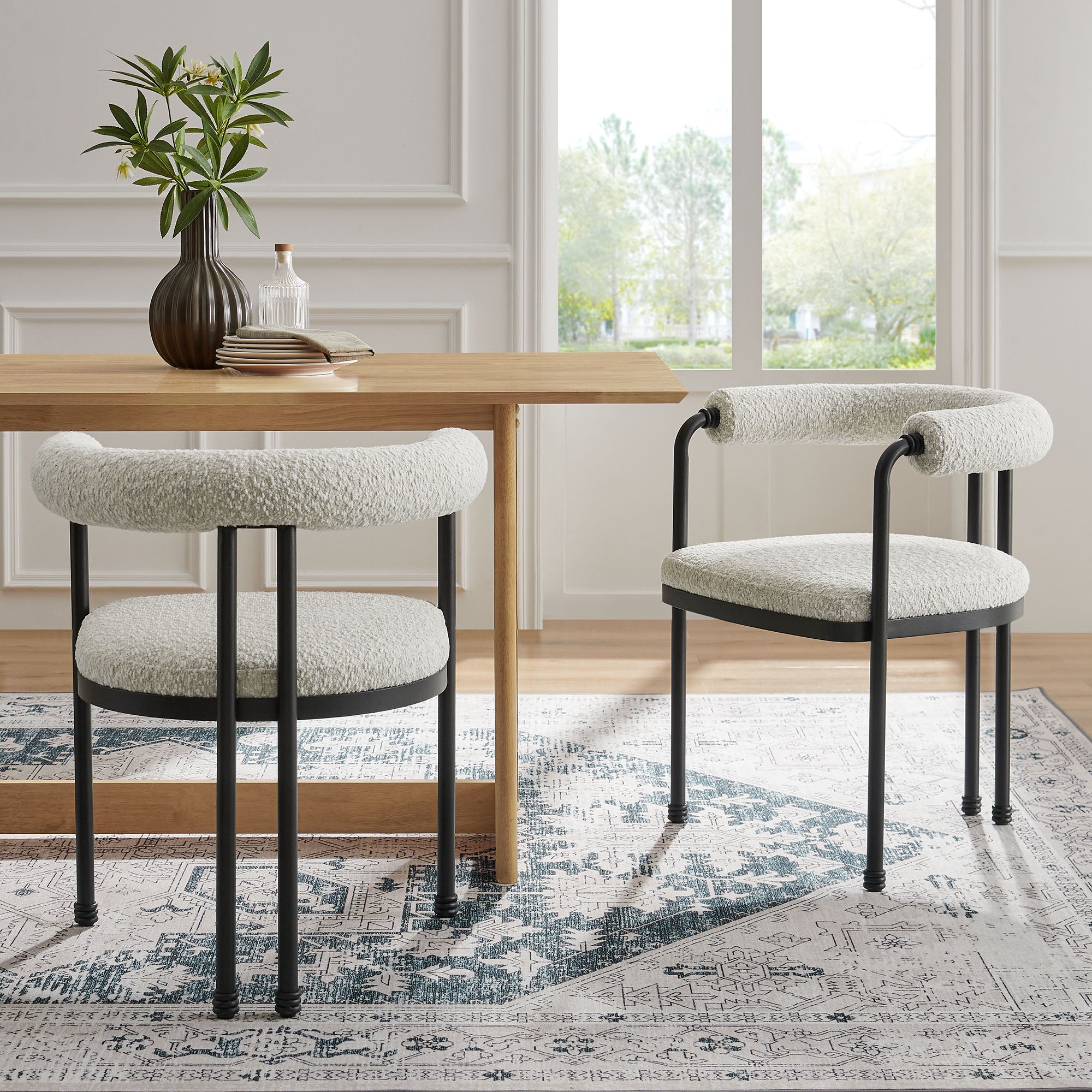 Turin Curved Back Boucle and Metal Dining Accent Chair, Black Pearl