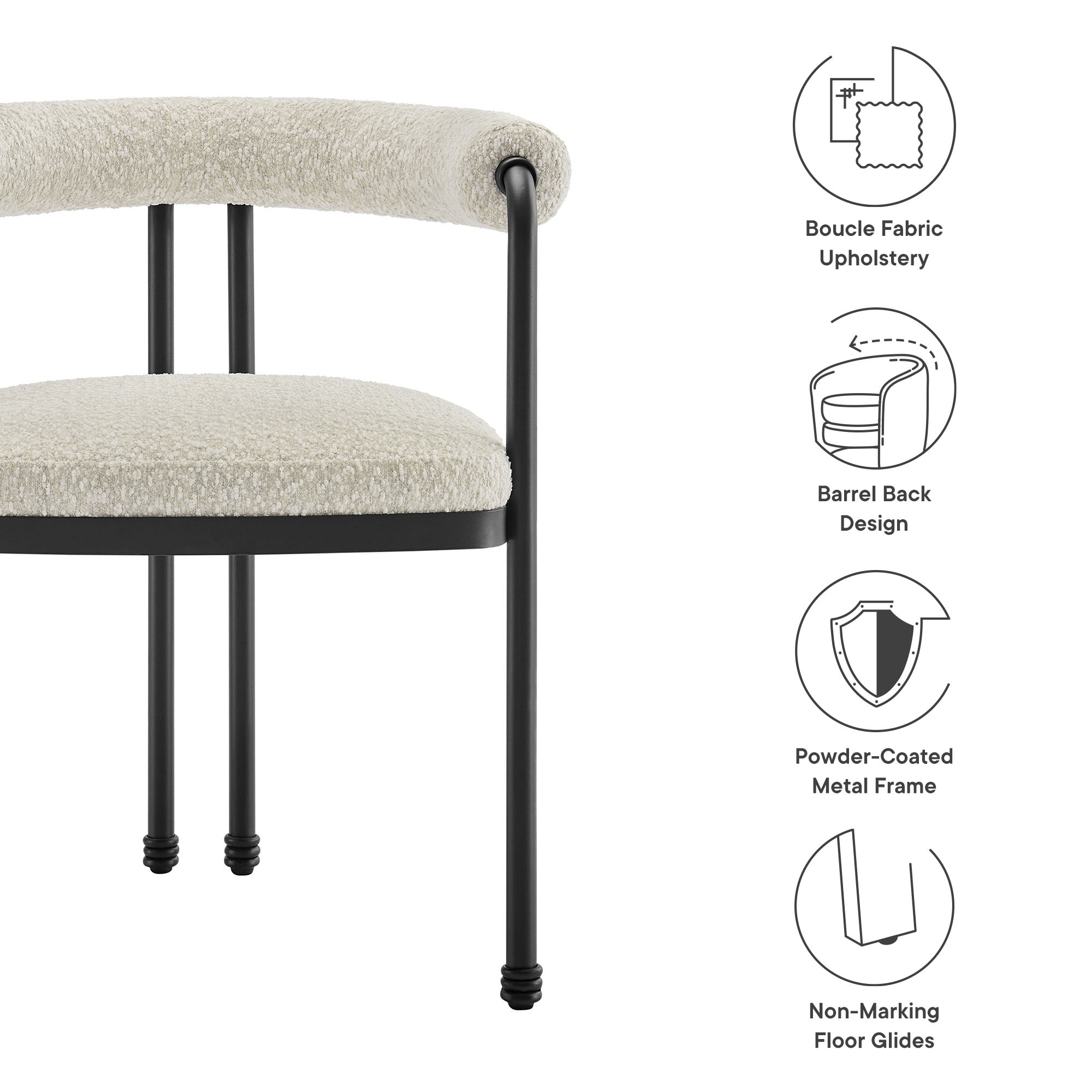 Turin Curved Back Boucle and Metal Dining Accent Chair, Black Pearl