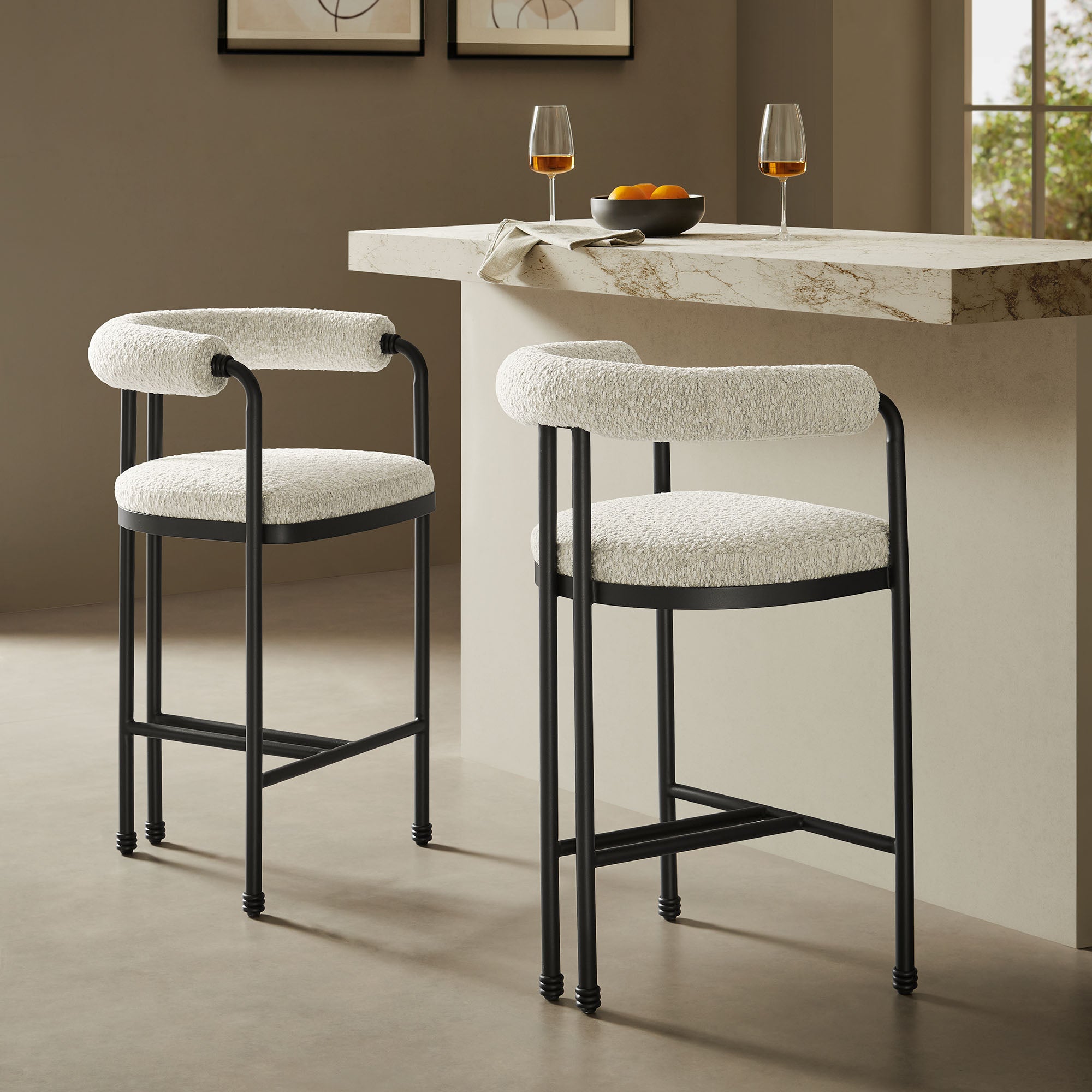 Turin Curved Back Boucle and Metal Counter Stool, Black Pearl