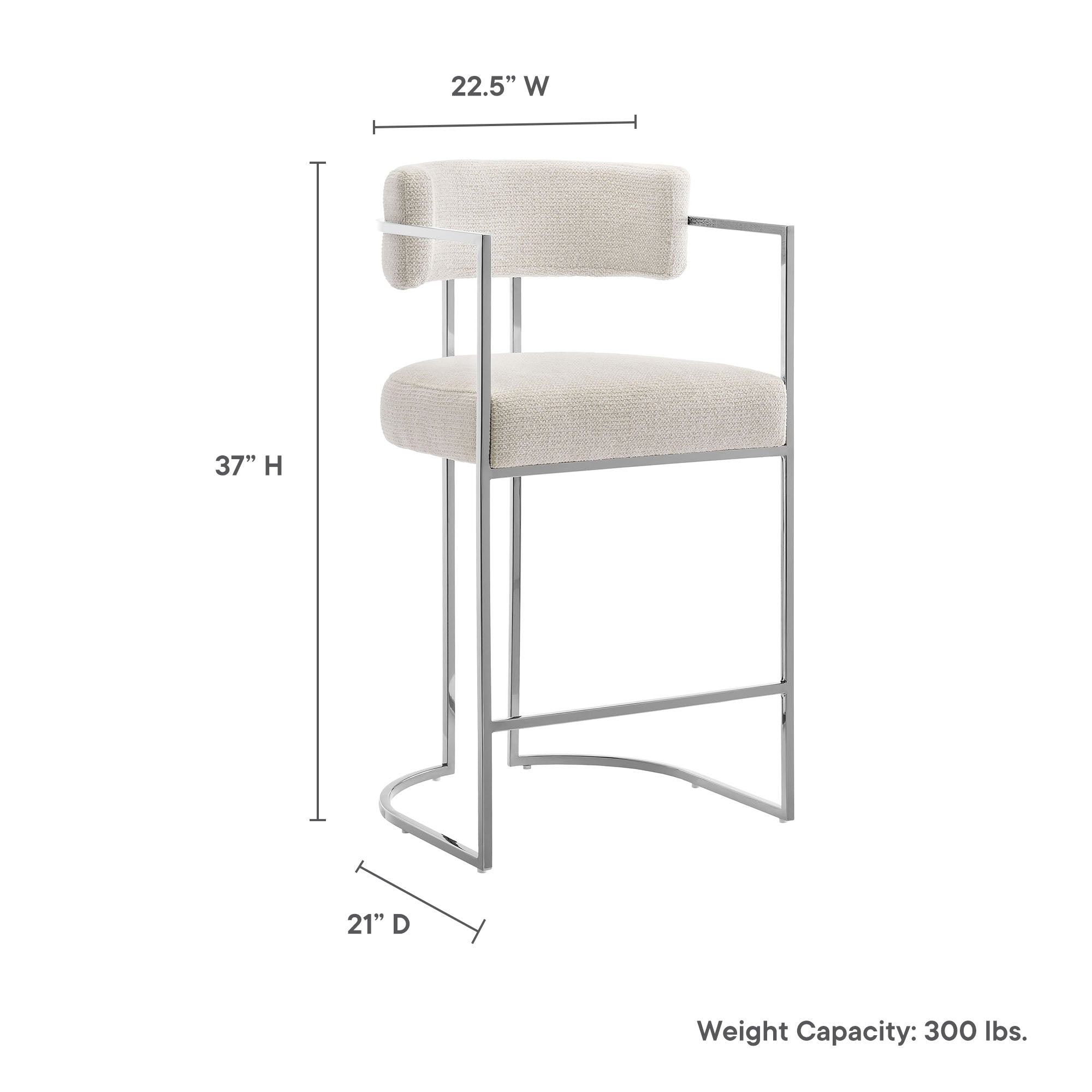 Huron Curved Back Fabric and Metal Counter Stool, Silver Cream