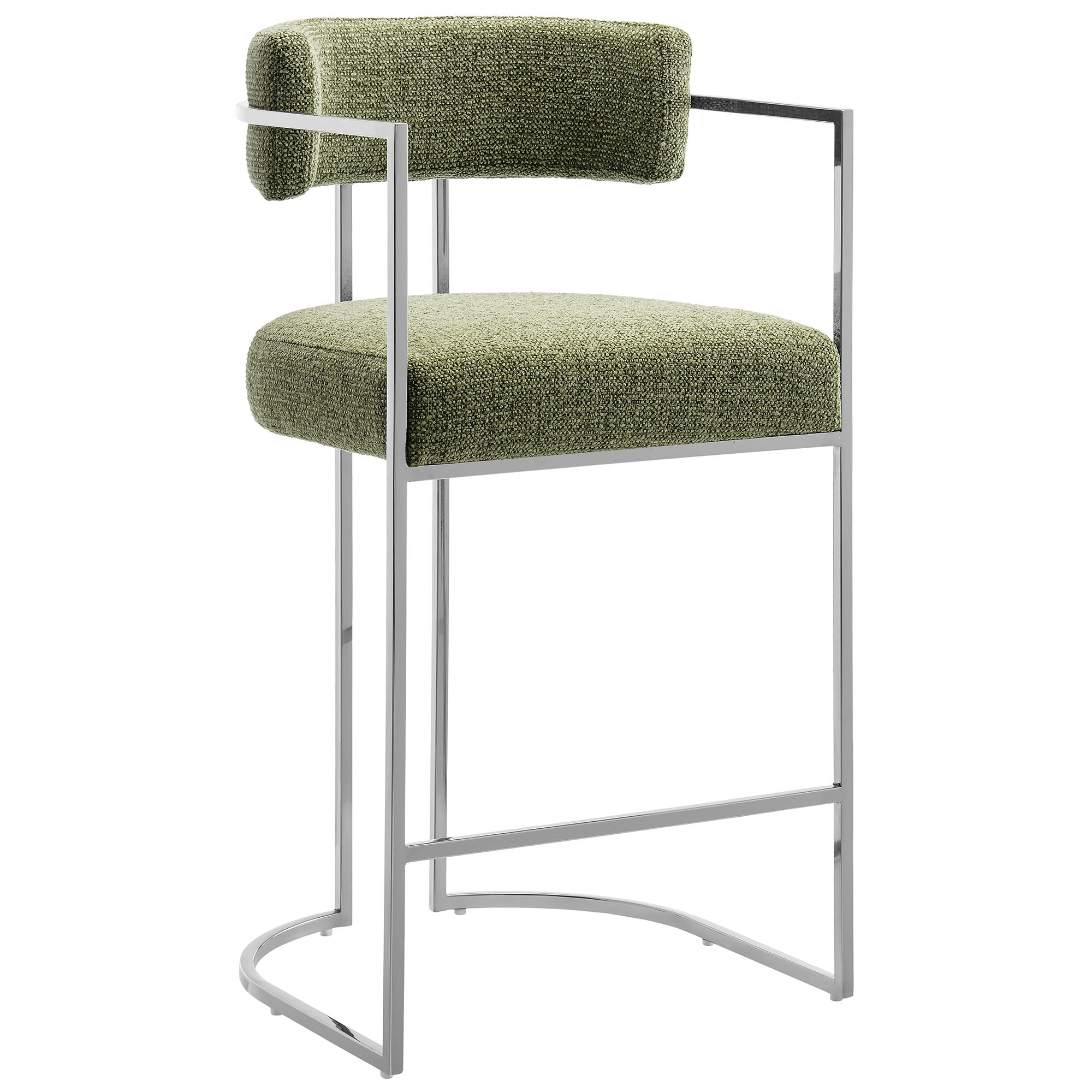 Huron Curved Back Fabric and Metal Counter Stool, Silver Leaf