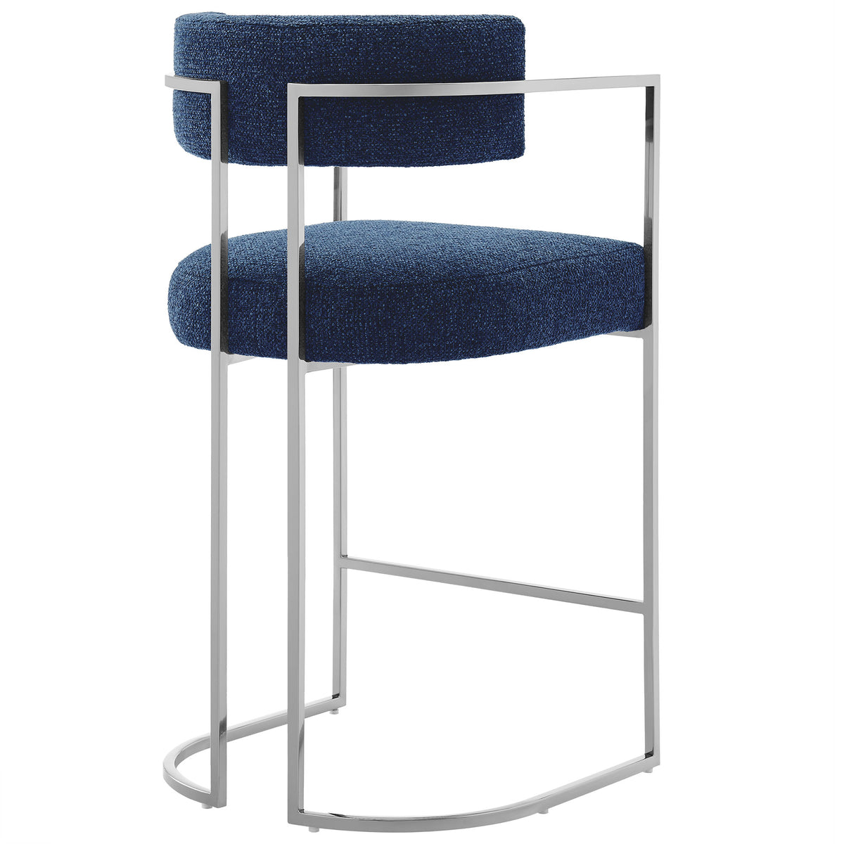 Huron Curved Back Fabric and Metal Counter Stool, Silver Navy