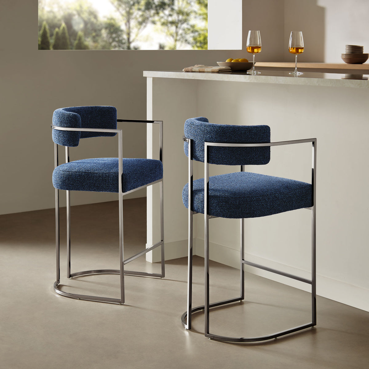 Huron Curved Back Fabric and Metal Counter Stool, Silver Navy
