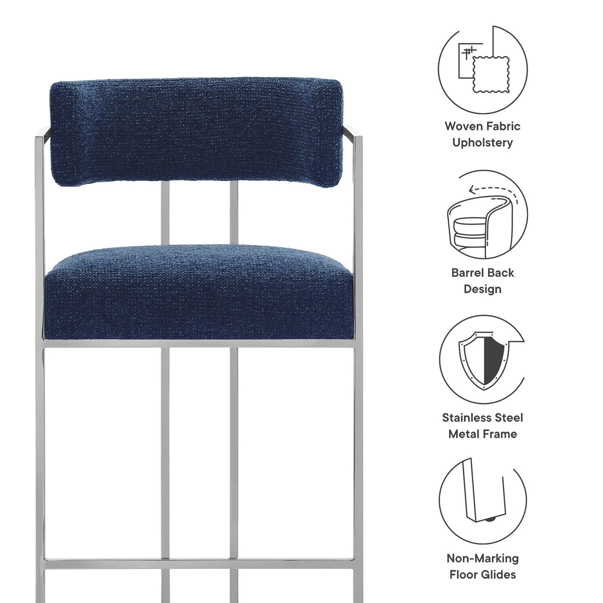 Huron Curved Back Fabric and Metal Counter Stool, Silver Navy