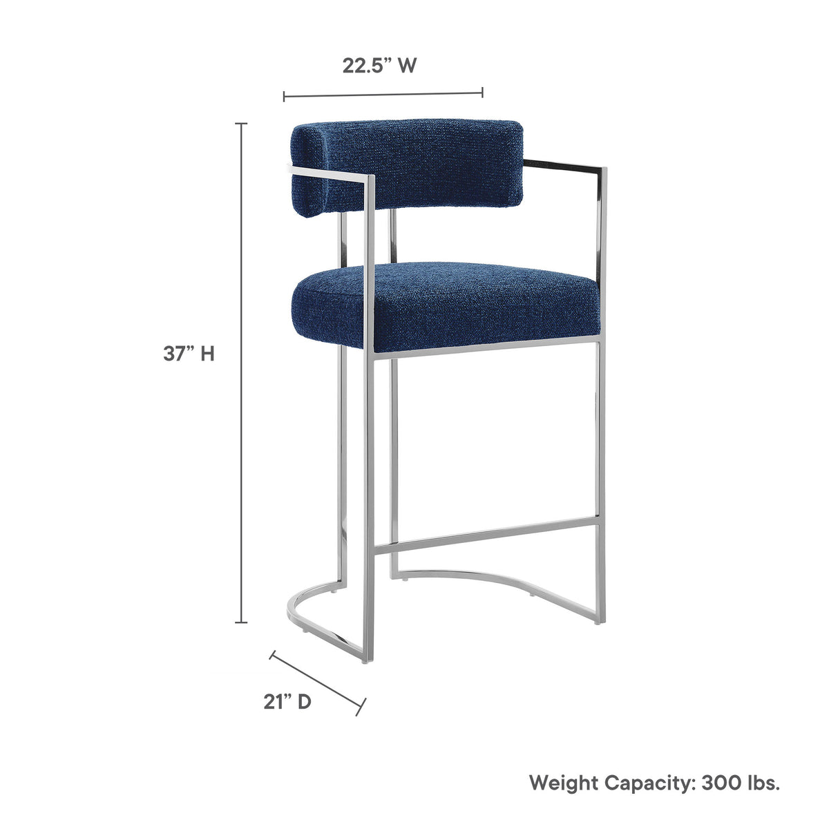 Huron Curved Back Fabric and Metal Counter Stool, Silver Navy