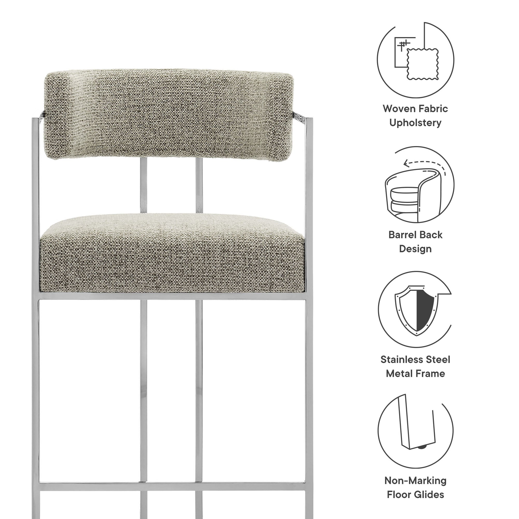 Huron Curved Back Fabric and Metal Counter Stool, Silver Wheat