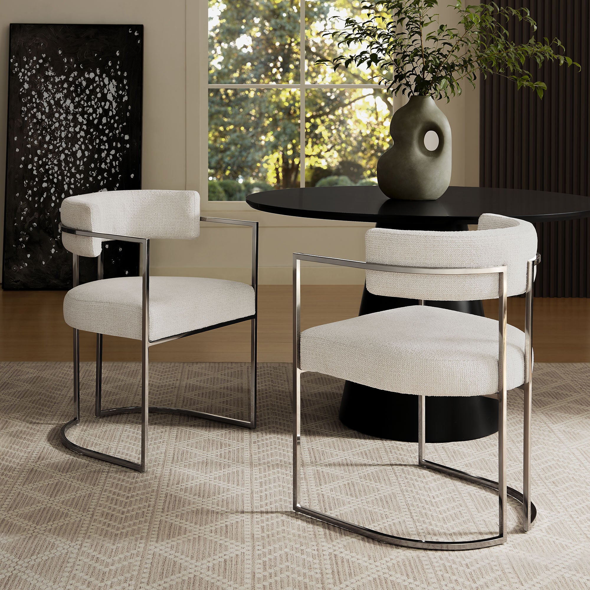 Huron Curved Back Fabric and Metal Dining Accent Chair, Silver Cream
