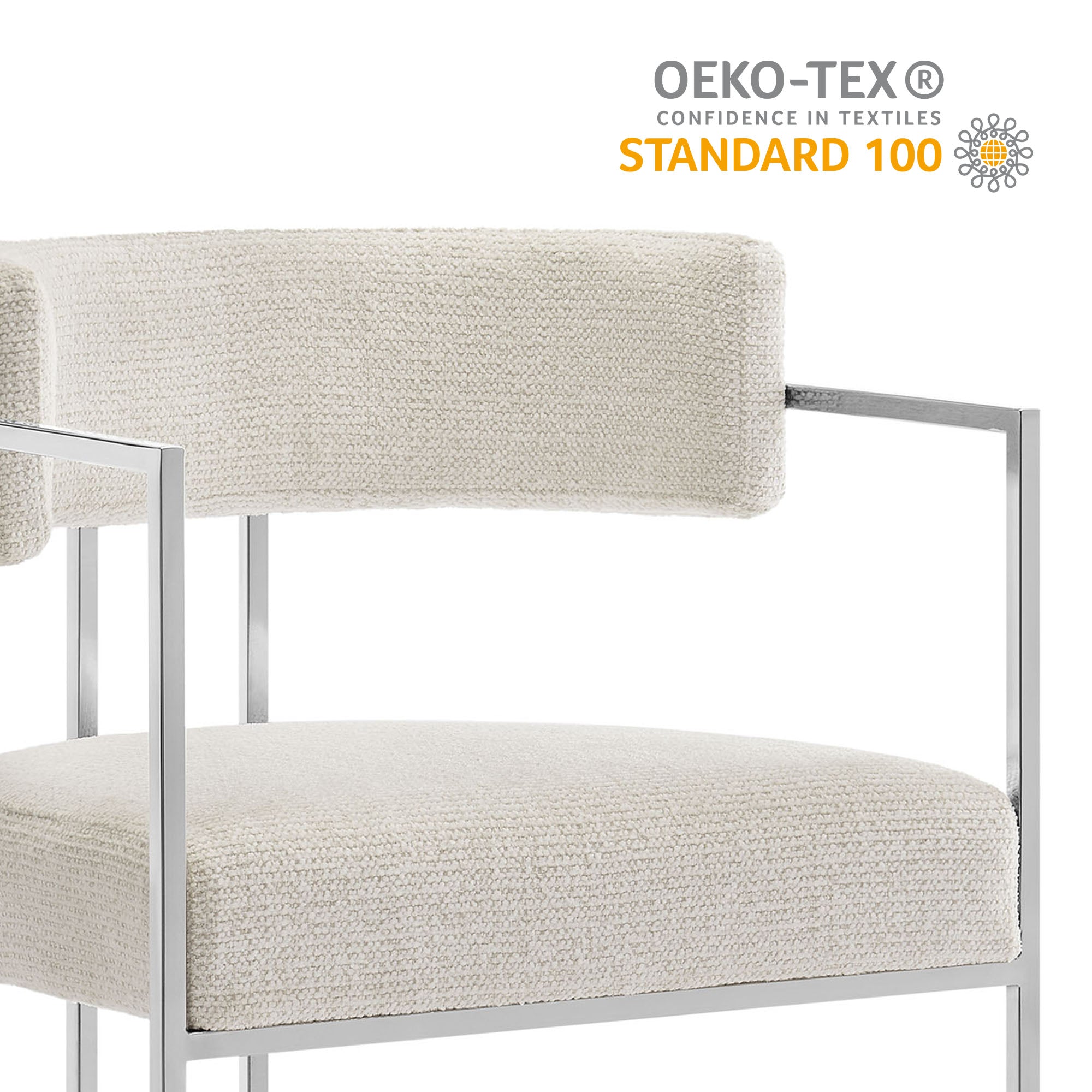 Huron Curved Back Fabric and Metal Dining Accent Chair, Silver Cream