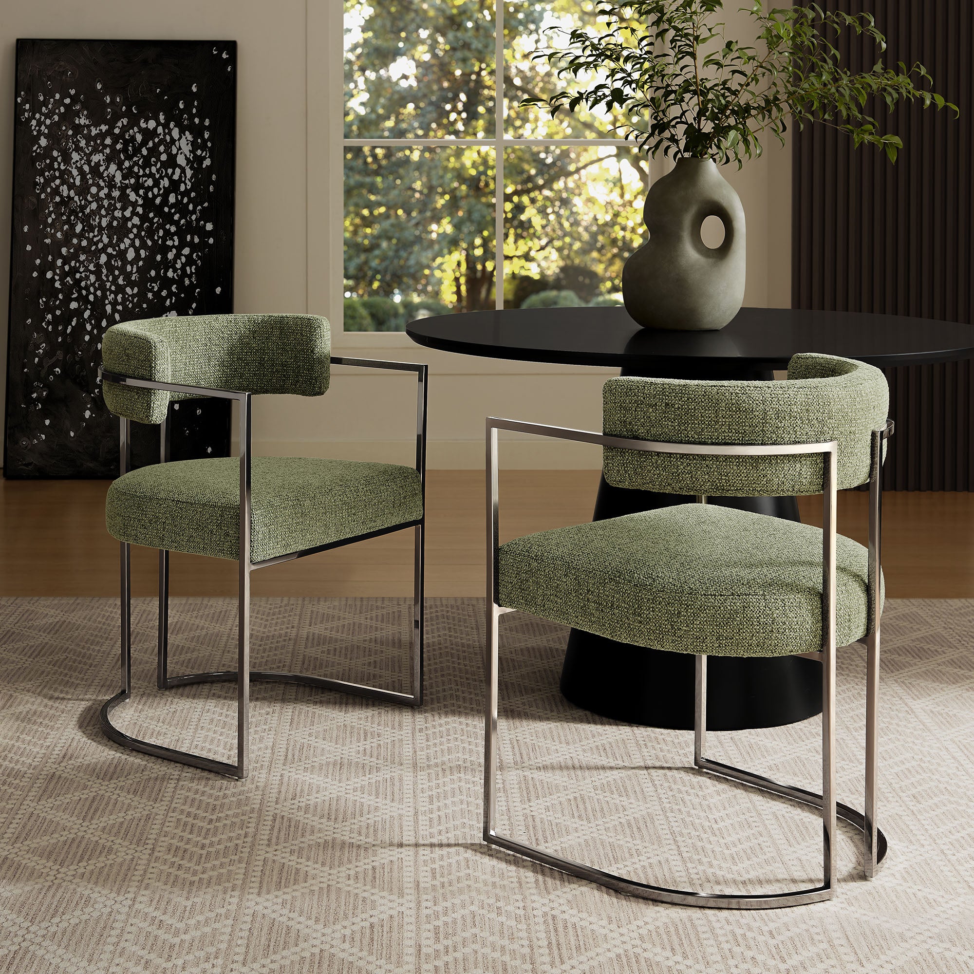 Huron Curved Back Fabric and Metal Dining Accent Chair, Silver Leaf