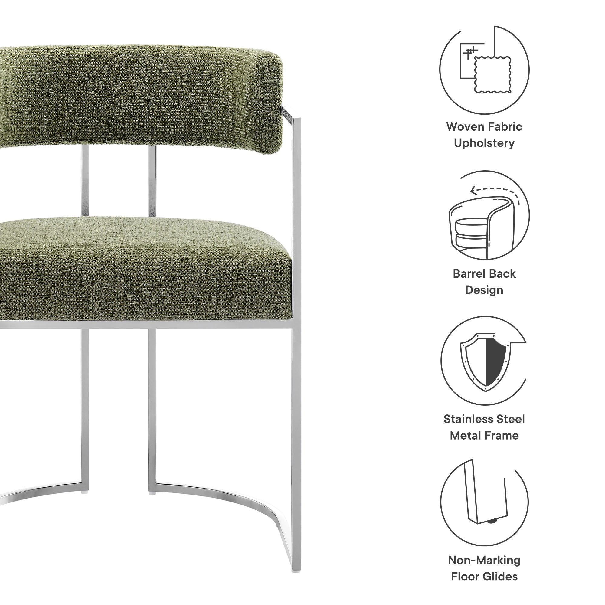 Huron Curved Back Fabric and Metal Dining Accent Chair, Silver Leaf