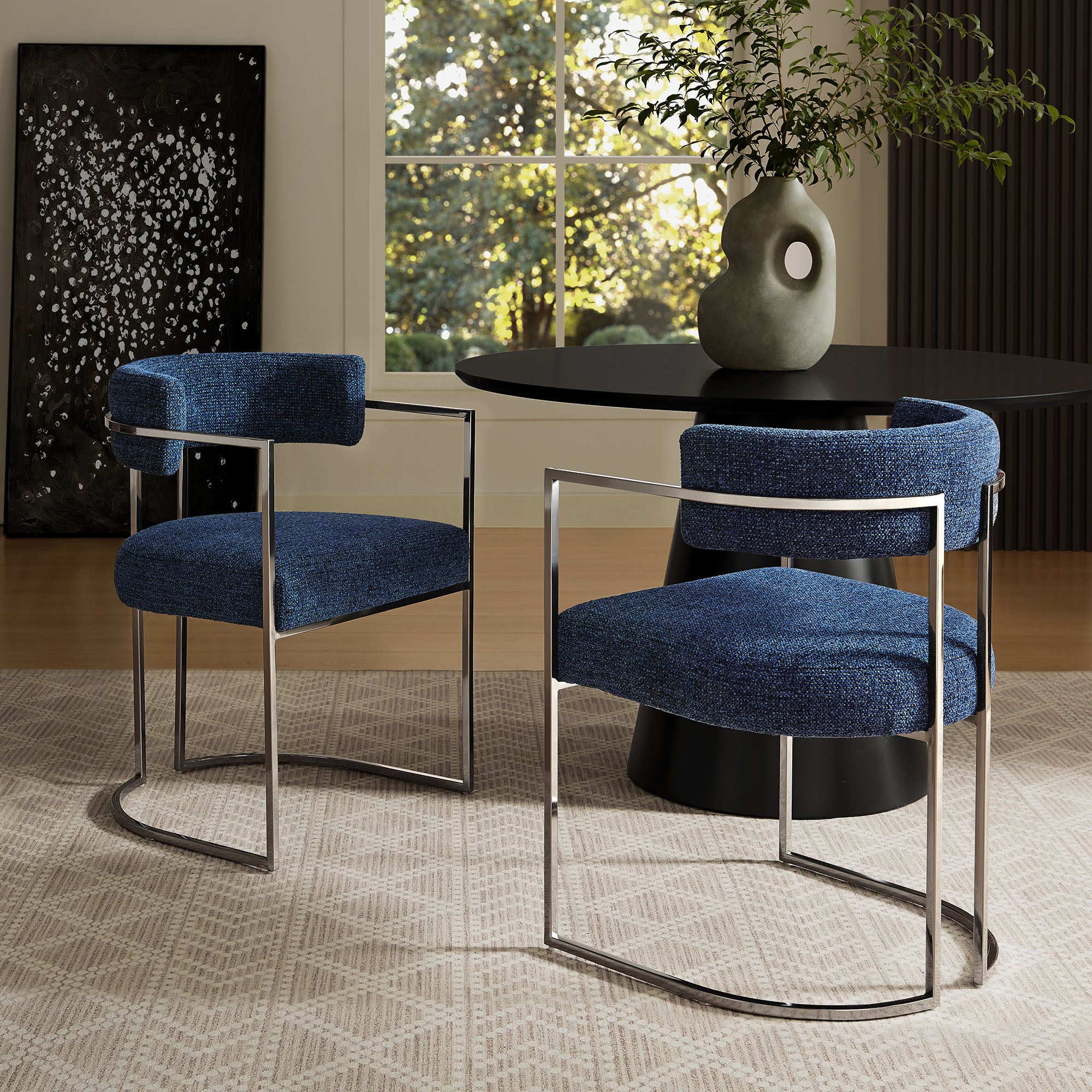 Huron Curved Back Fabric and Metal Dining Accent Chair, Silver Navy