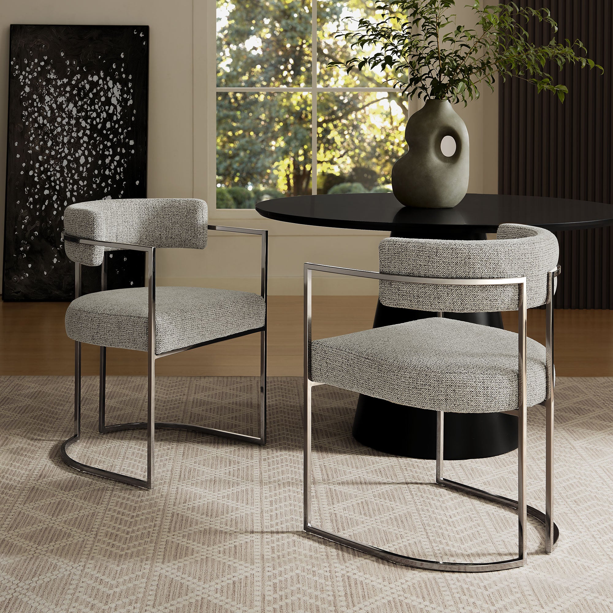 Huron Curved Back Fabric and Metal Dining Accent Chair, Silver Wheat