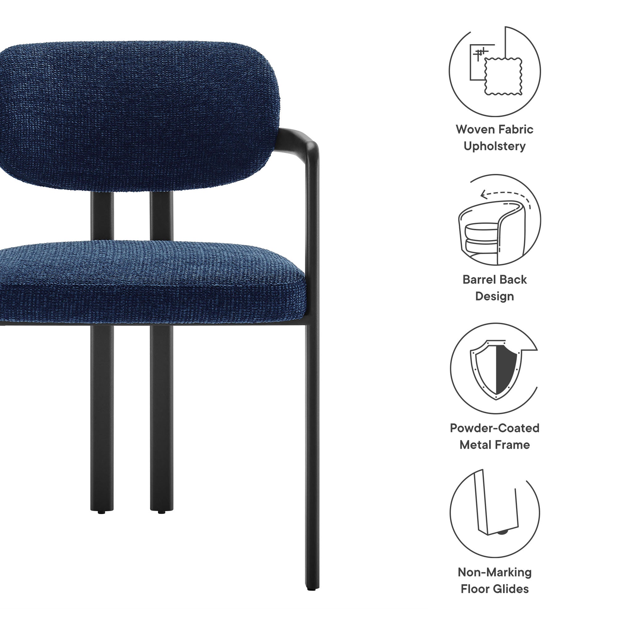 Elio Barrel Fabric and Metal Dining Chair, Black Navy