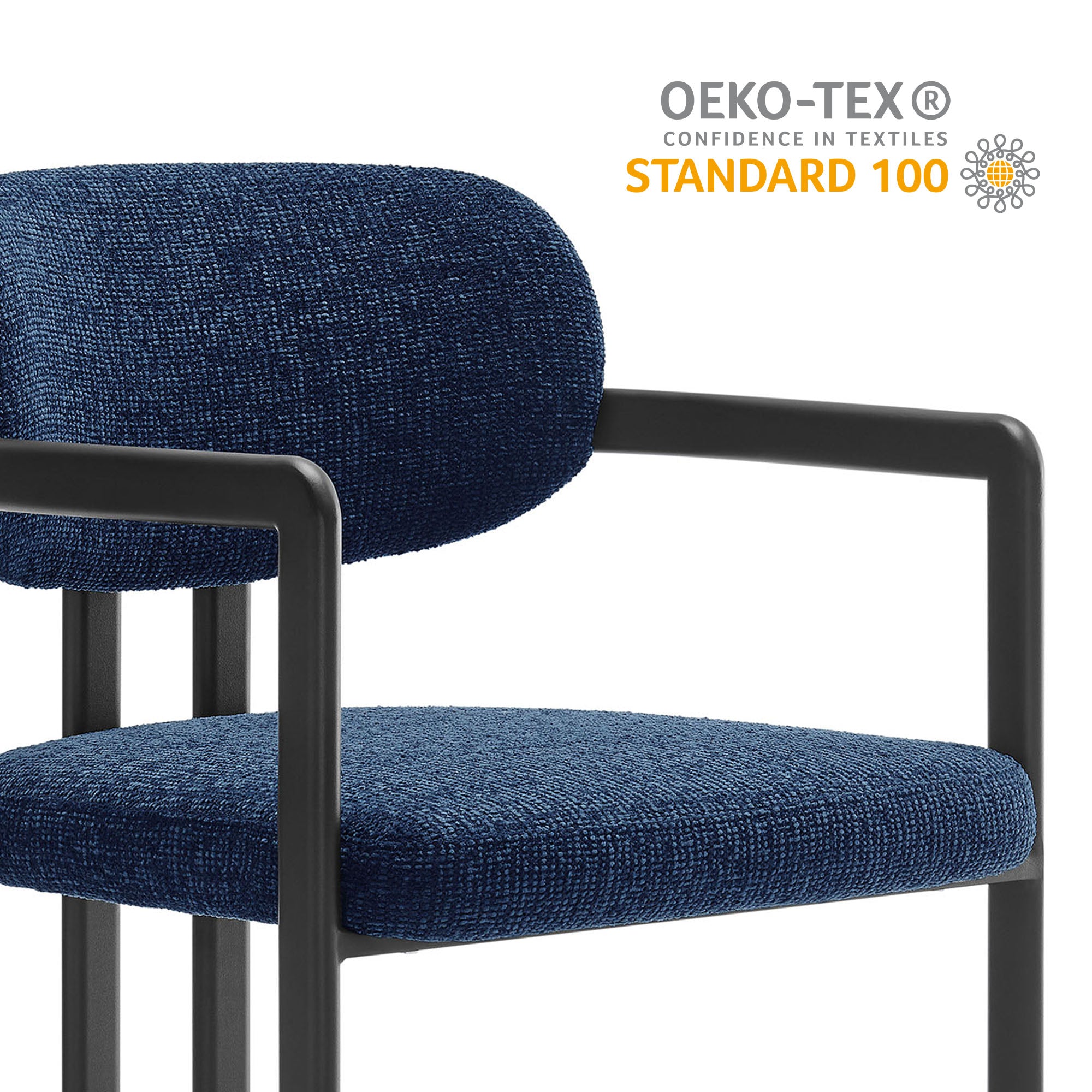 Elio Barrel Fabric and Metal Dining Chair, Black Navy