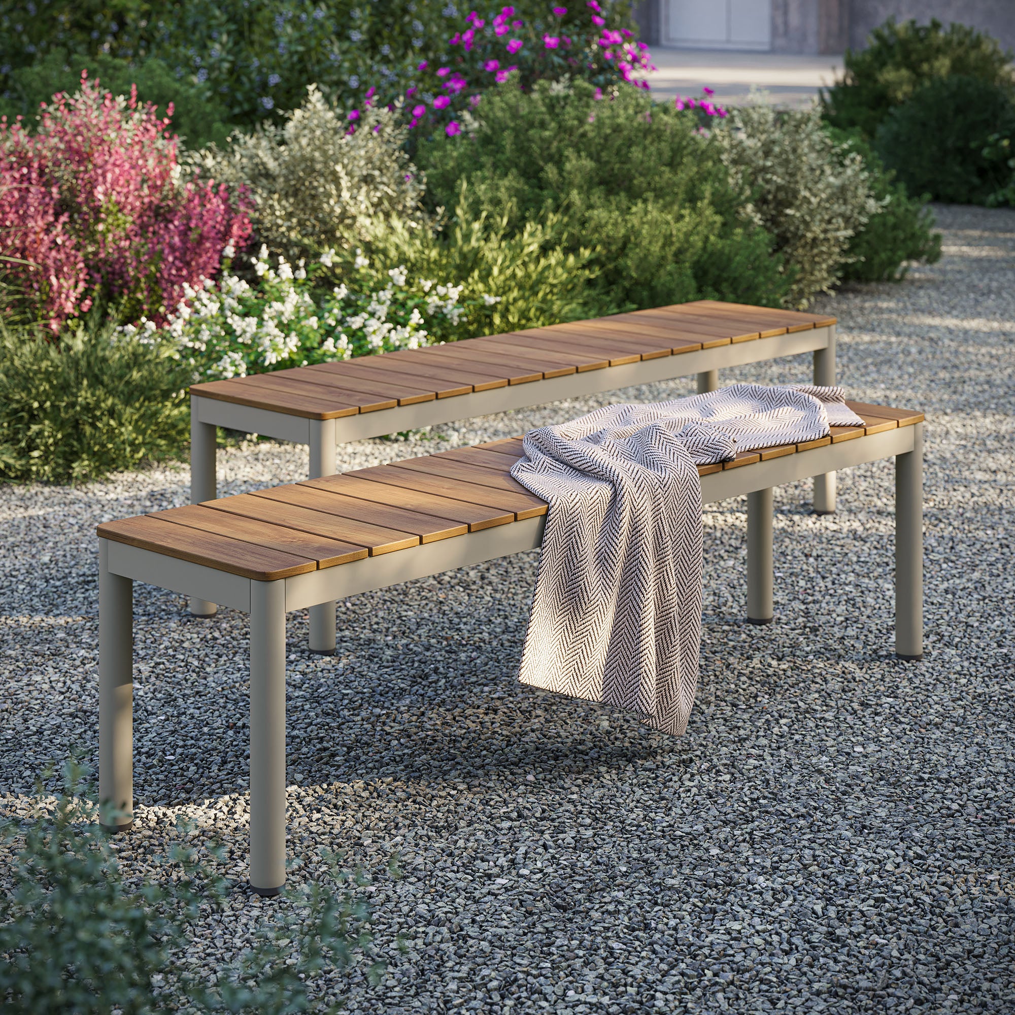 Finn Outdoor Patio Aluminum Bench with Faux Wood Top Set of 2, Natural