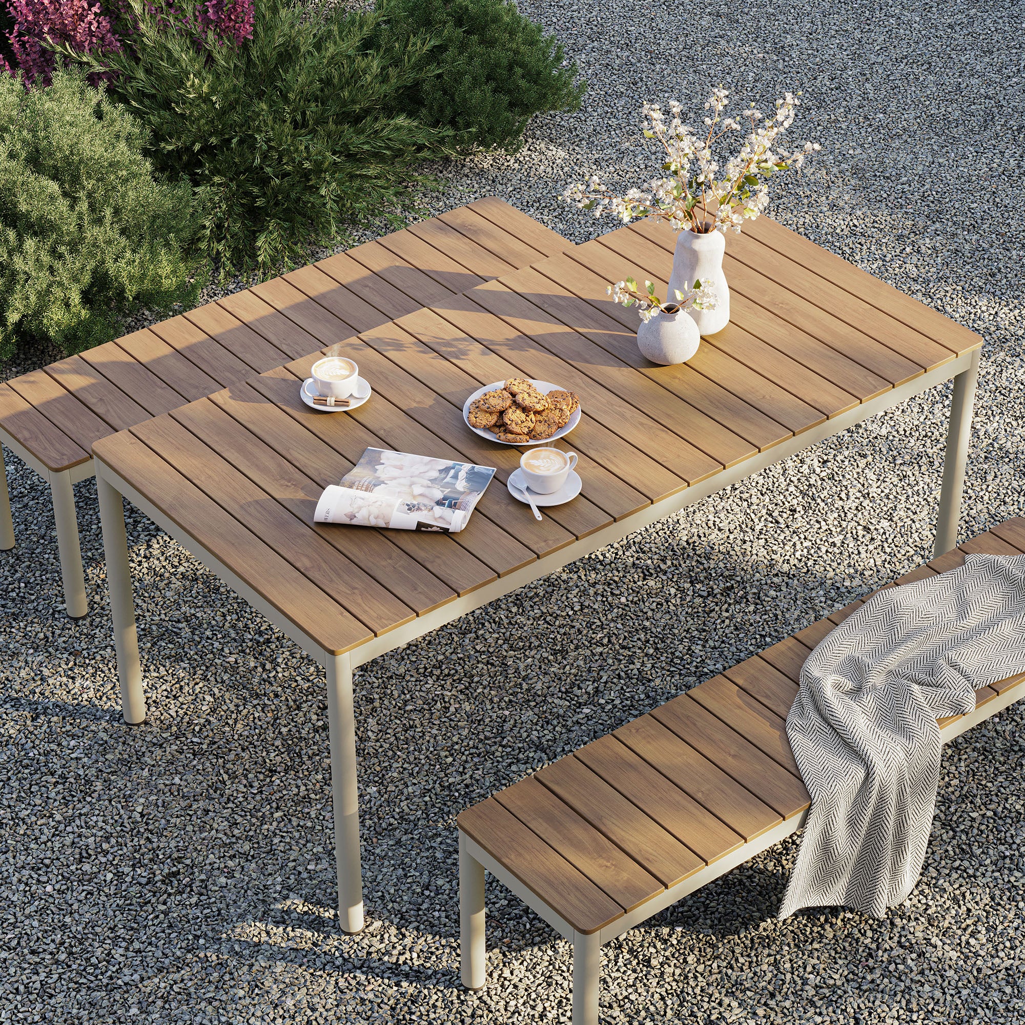 Finn Outdoor Patio Aluminum Faux Wood Dining Set with Benches, Natural