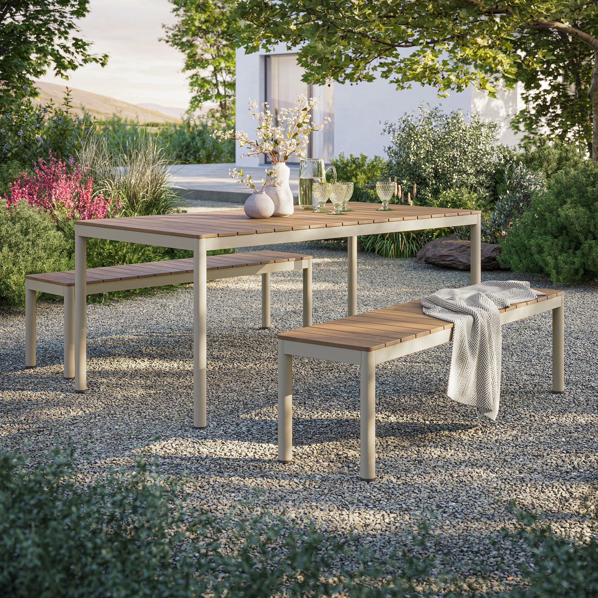 Finn Outdoor Patio Aluminum Faux Wood Dining Set with Benches, Natural