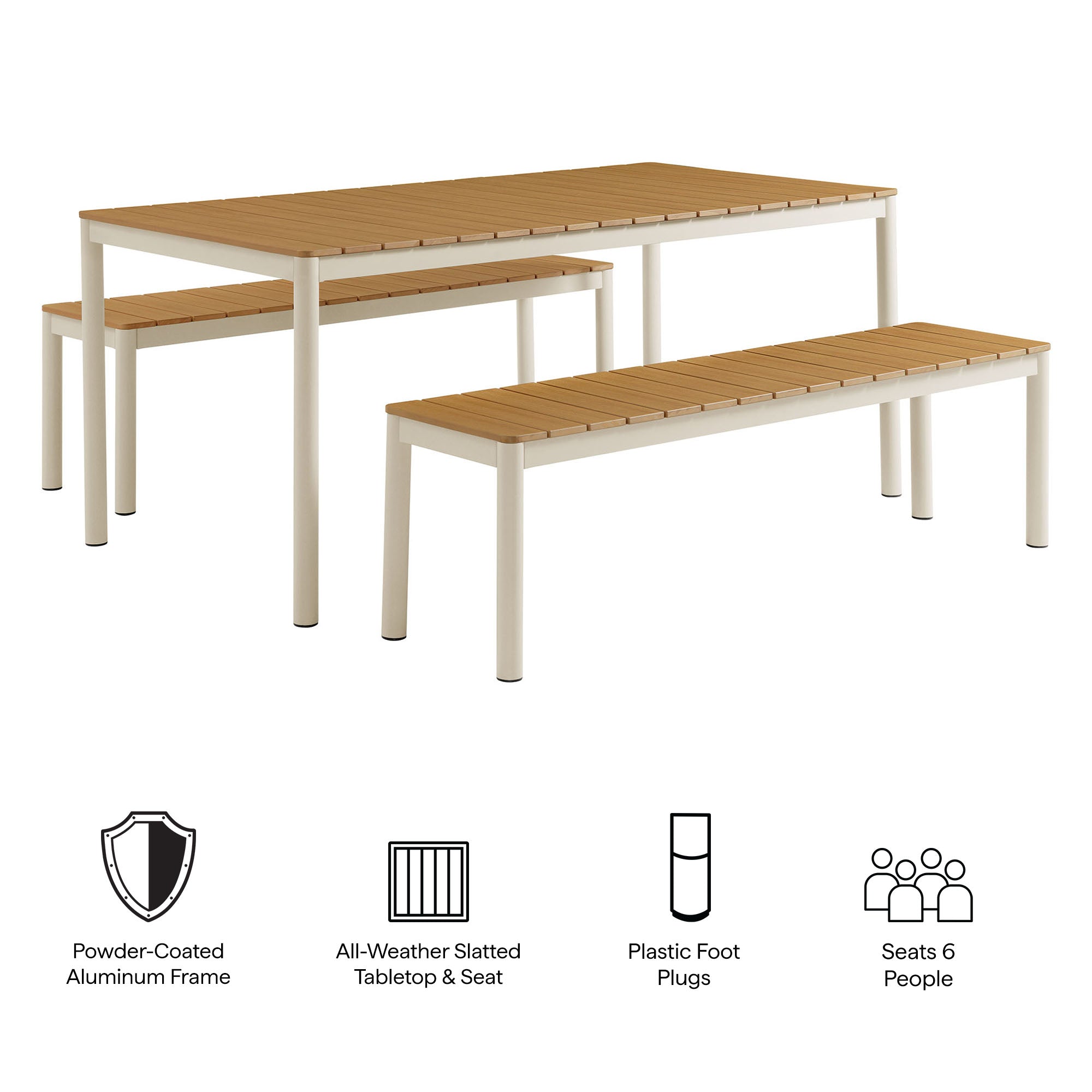 Finn Outdoor Patio Aluminum Faux Wood Dining Set with Benches, Natural