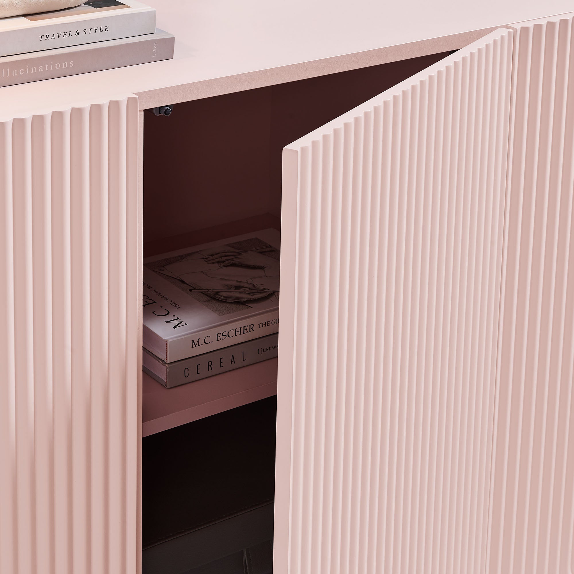 Dahlia Fluted and Scalloped Sideboard Storage Cabinet, Soft Pink