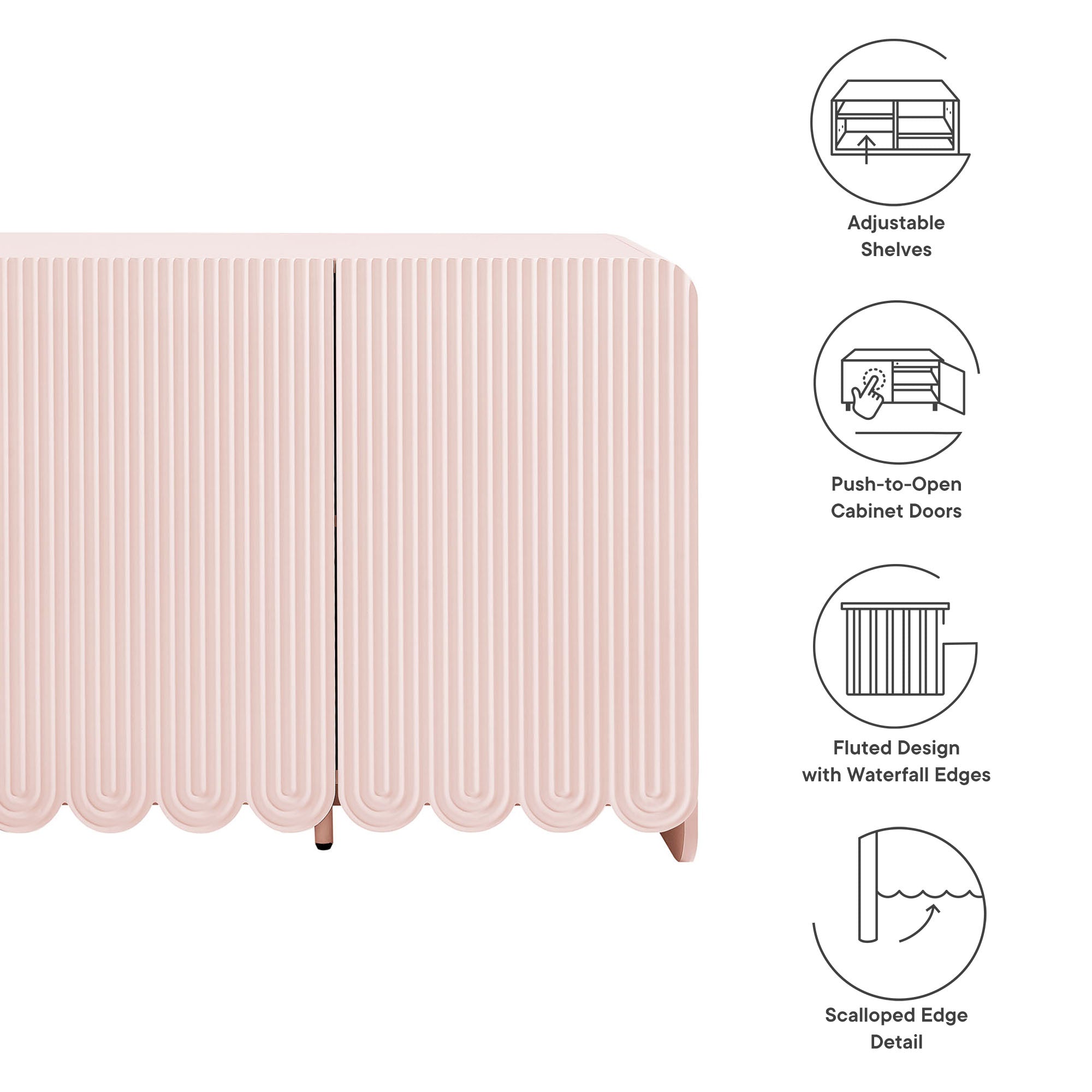 Dahlia Fluted and Scalloped Sideboard Storage Cabinet, Soft Pink