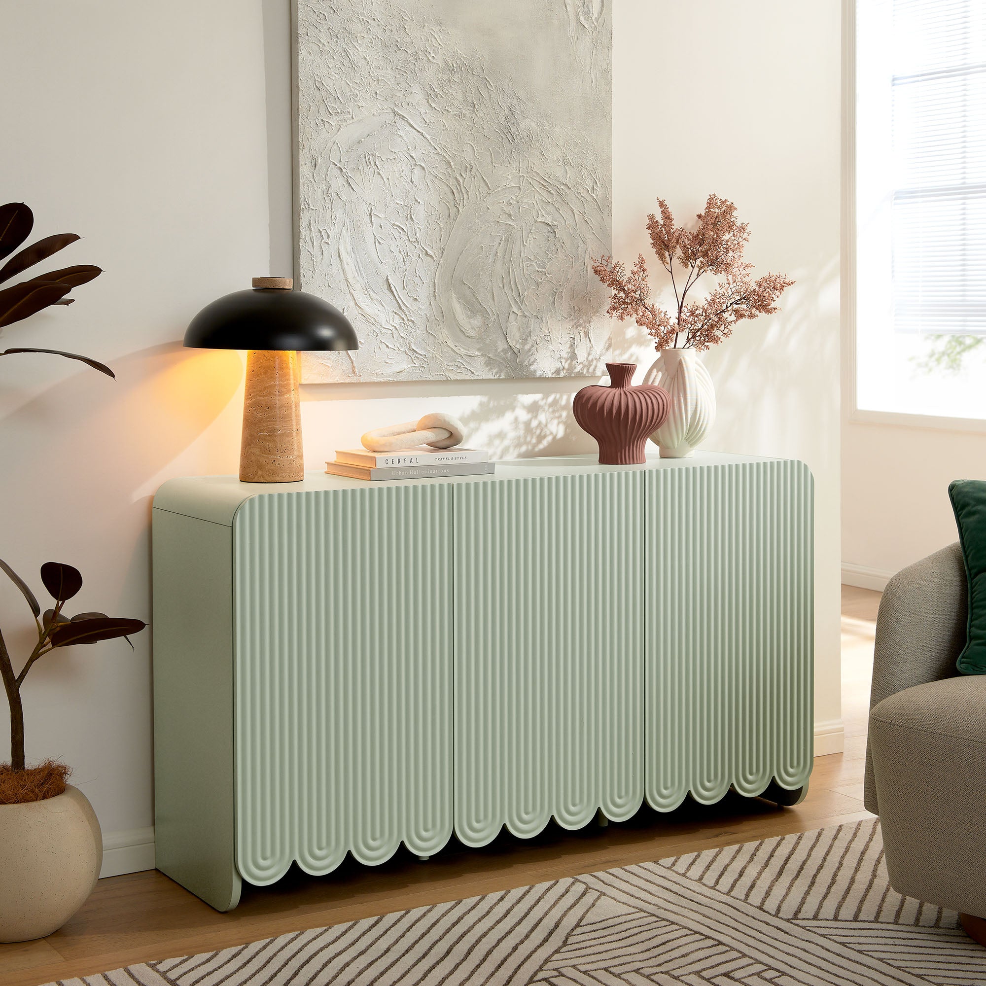 Dahlia Fluted and Scalloped Sideboard Storage Cabinet, Sage