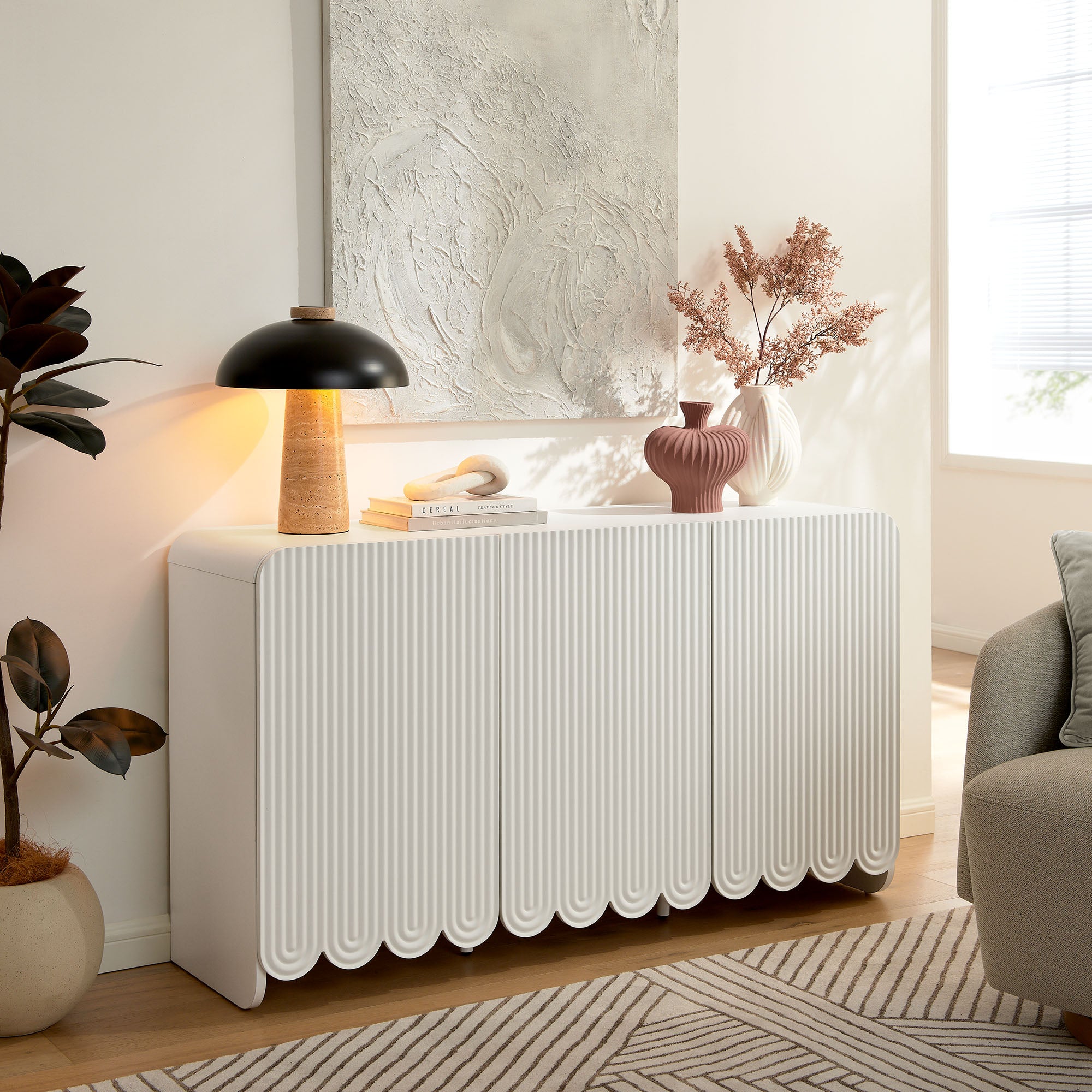 Dahlia Fluted and Scalloped Sideboard Storage Cabinet, White