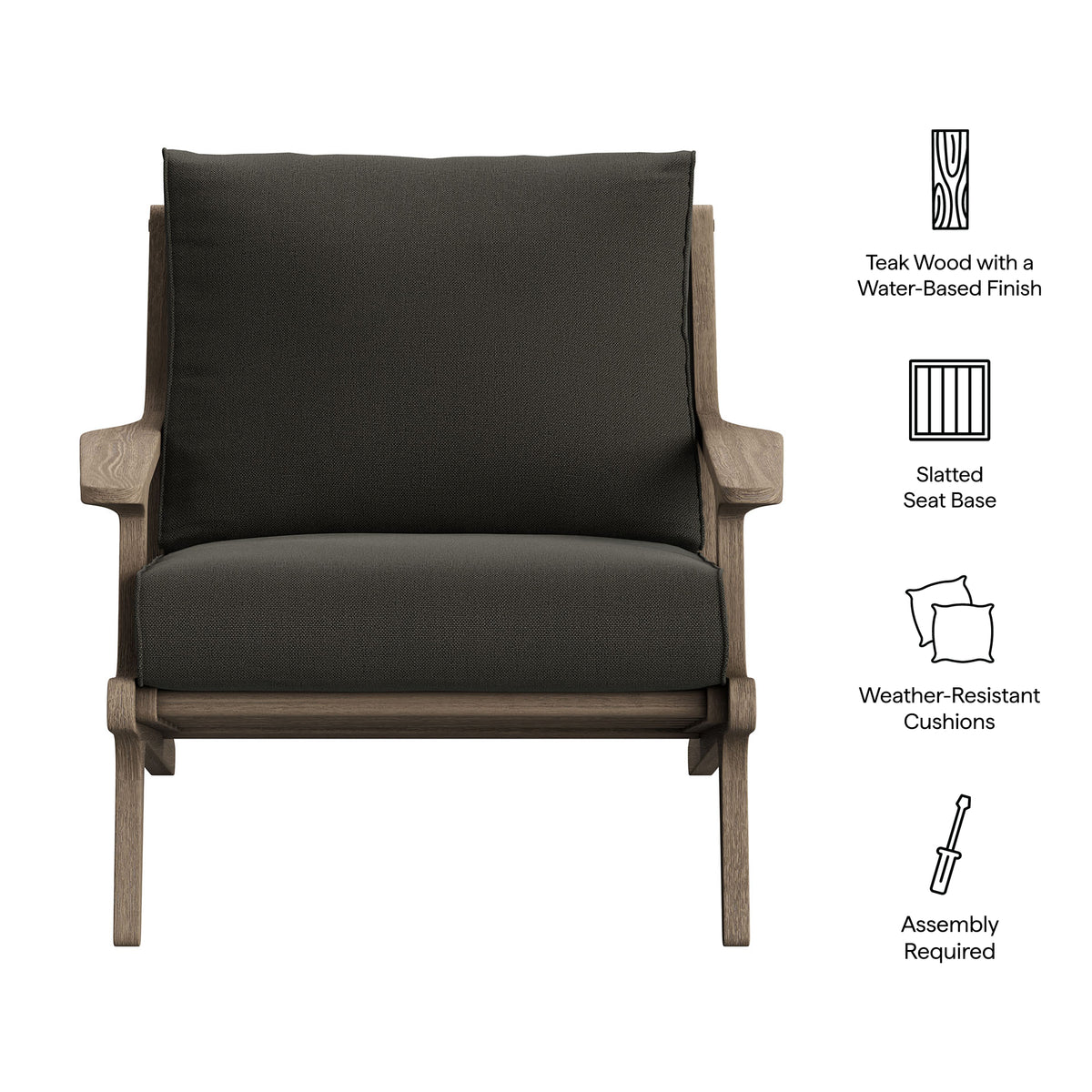 Saratoga Outdoor Patio Teak Wood Armchair, Flint Gray
