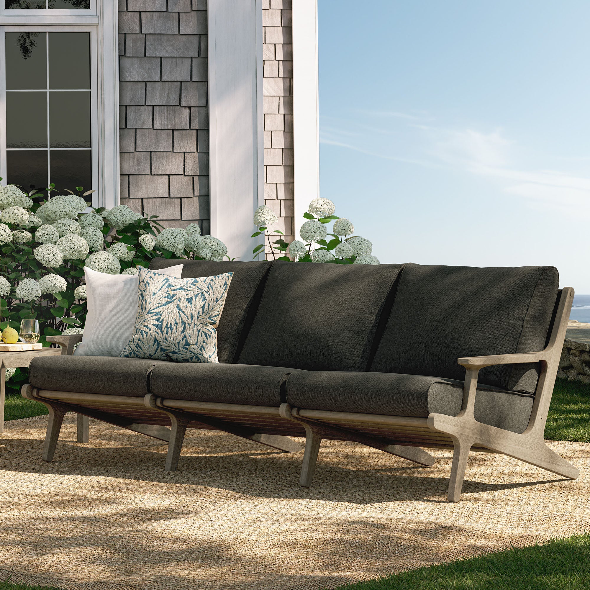Saratoga Outdoor Patio Teak Sofa, Flint Gray