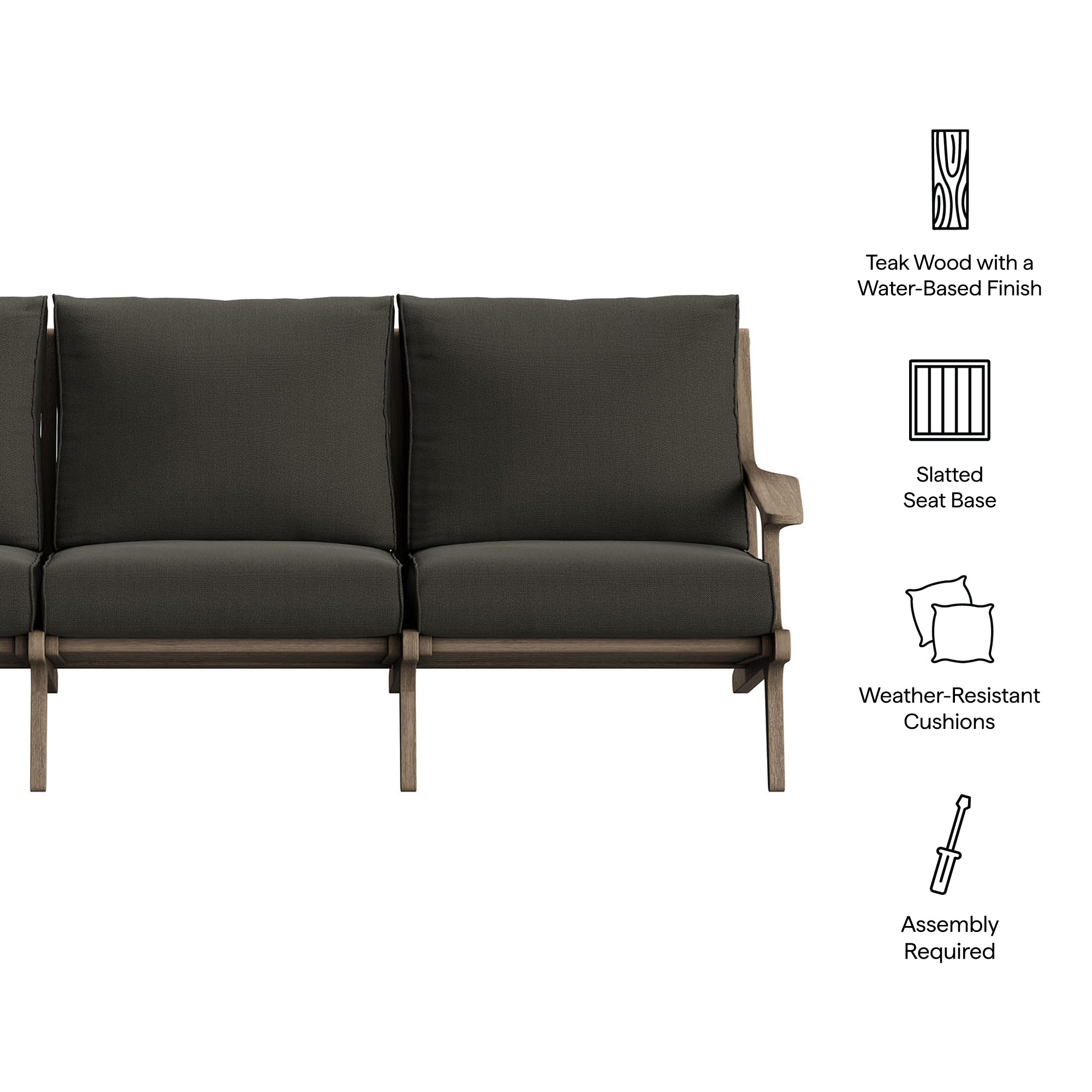 Saratoga Outdoor Patio Teak Sofa, Flint Gray