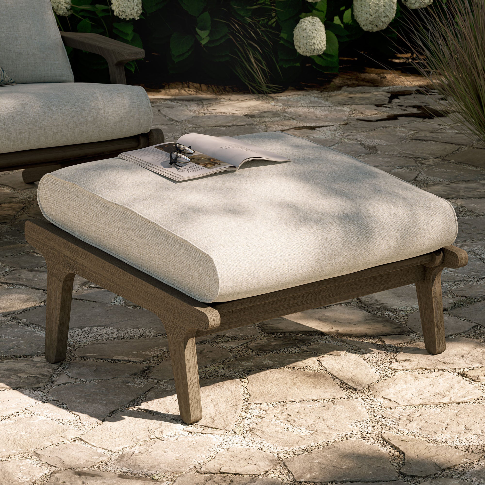 Saratoga Outdoor Patio Teak Ottoman, Pebble
