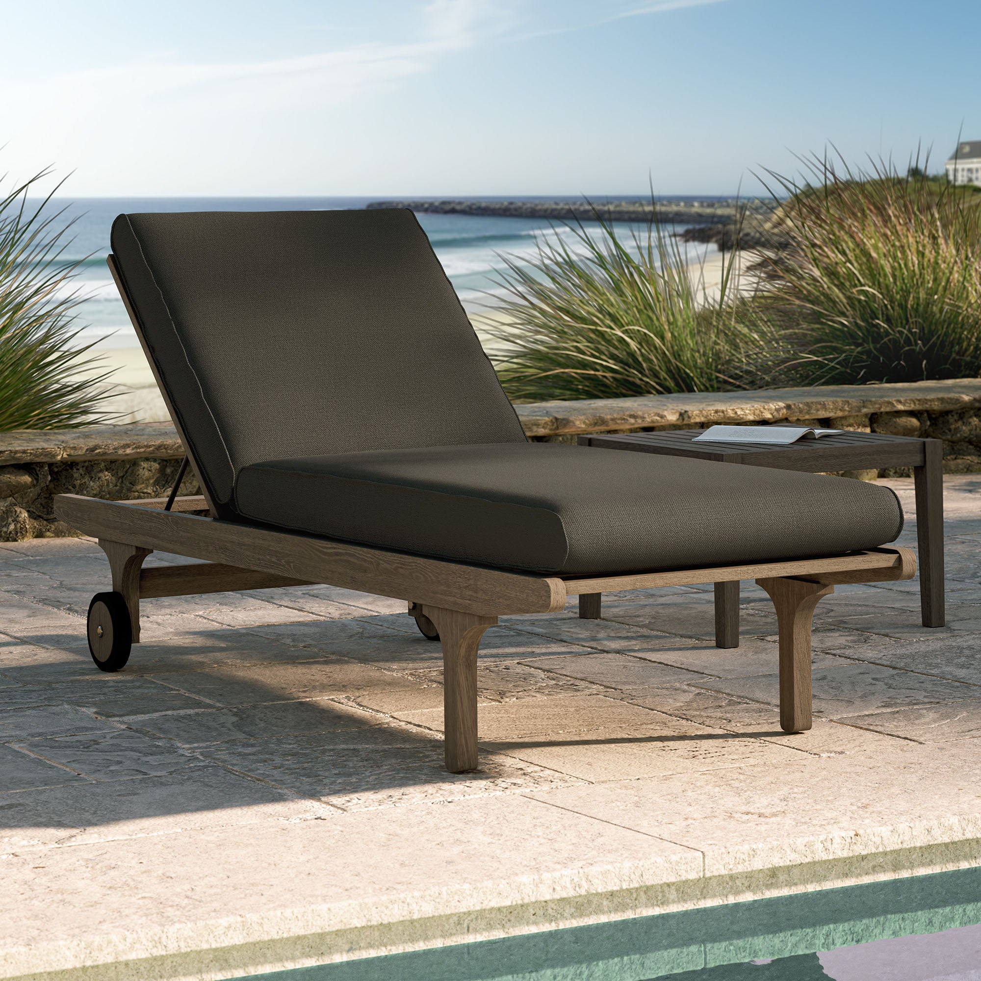 Saratoga Outdoor Patio Teak Chaise Lounge Chair, Flint Gray