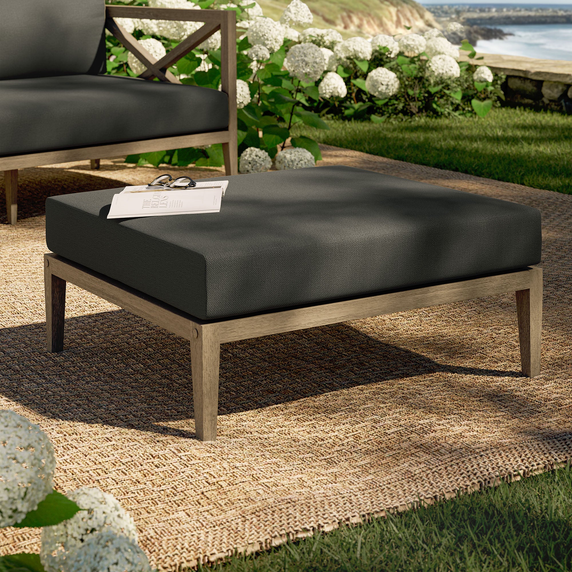 Northlake Outdoor Patio Teak Ottoman, Flint Gray