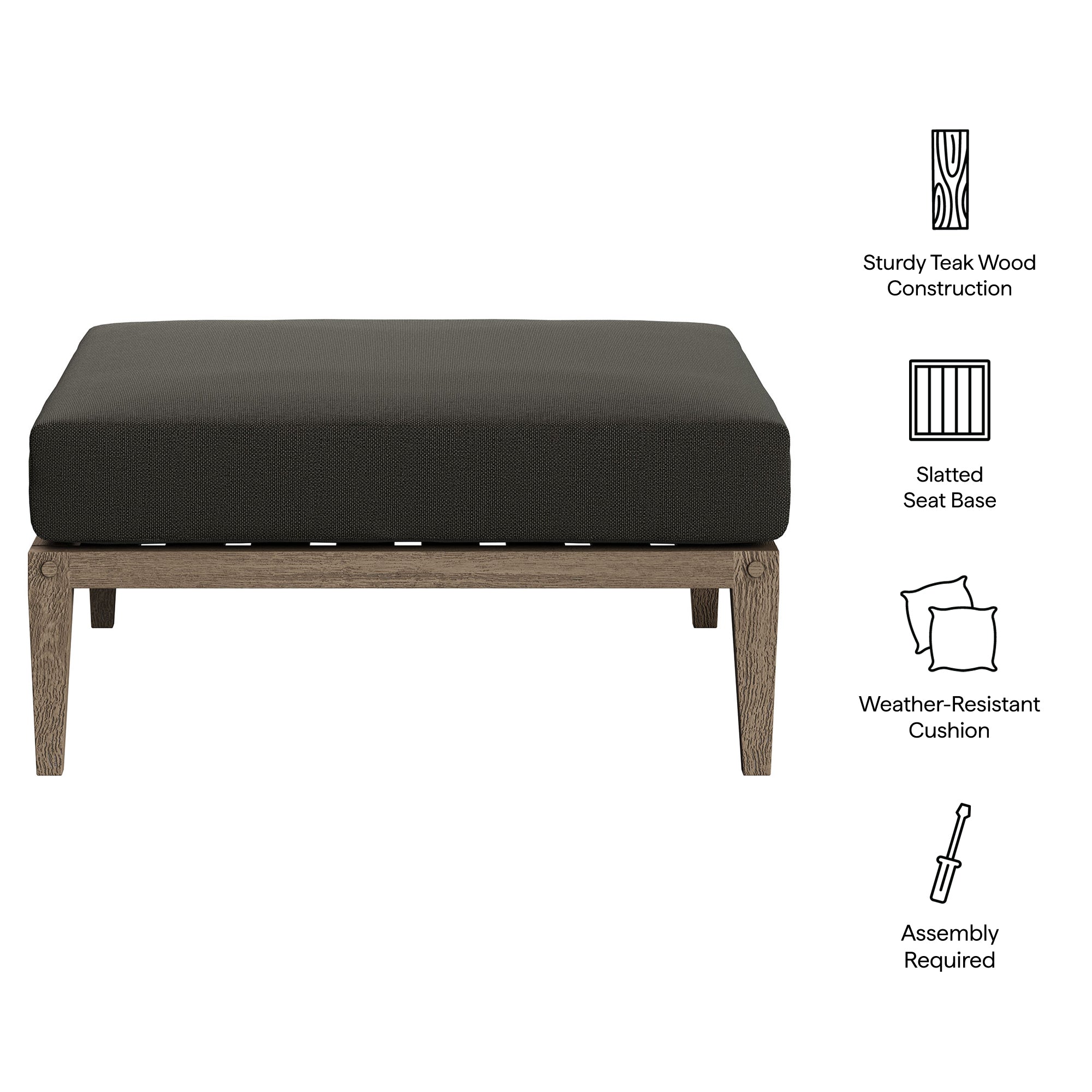 Northlake Outdoor Patio Teak Ottoman, Flint Gray