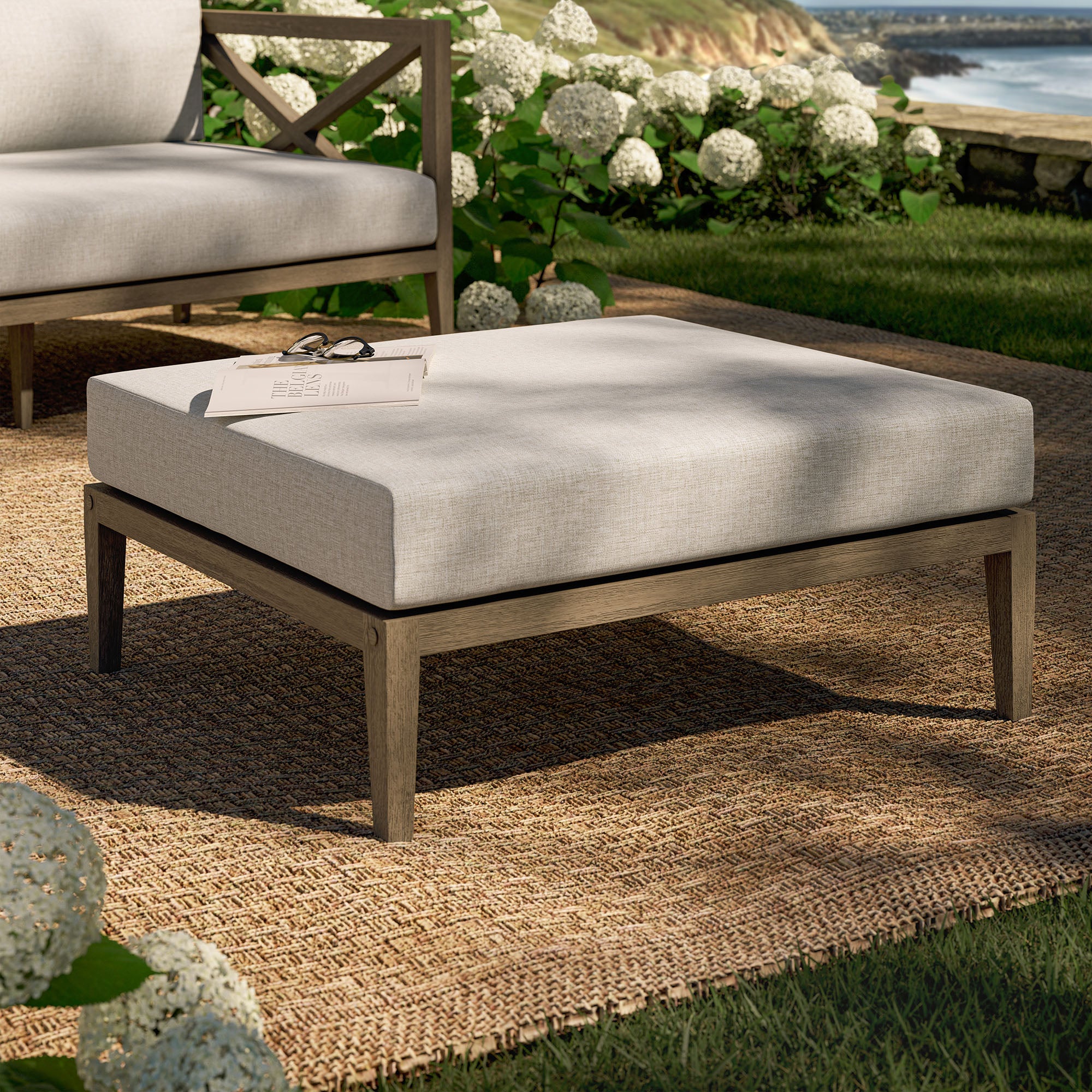 Northlake Outdoor Patio Teak Ottoman, Pebble