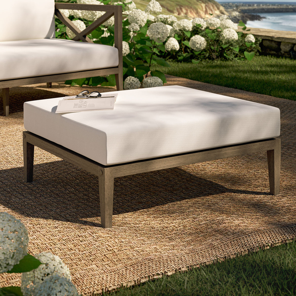 Northlake Outdoor Patio Teak Ottoman, Weathered Gray