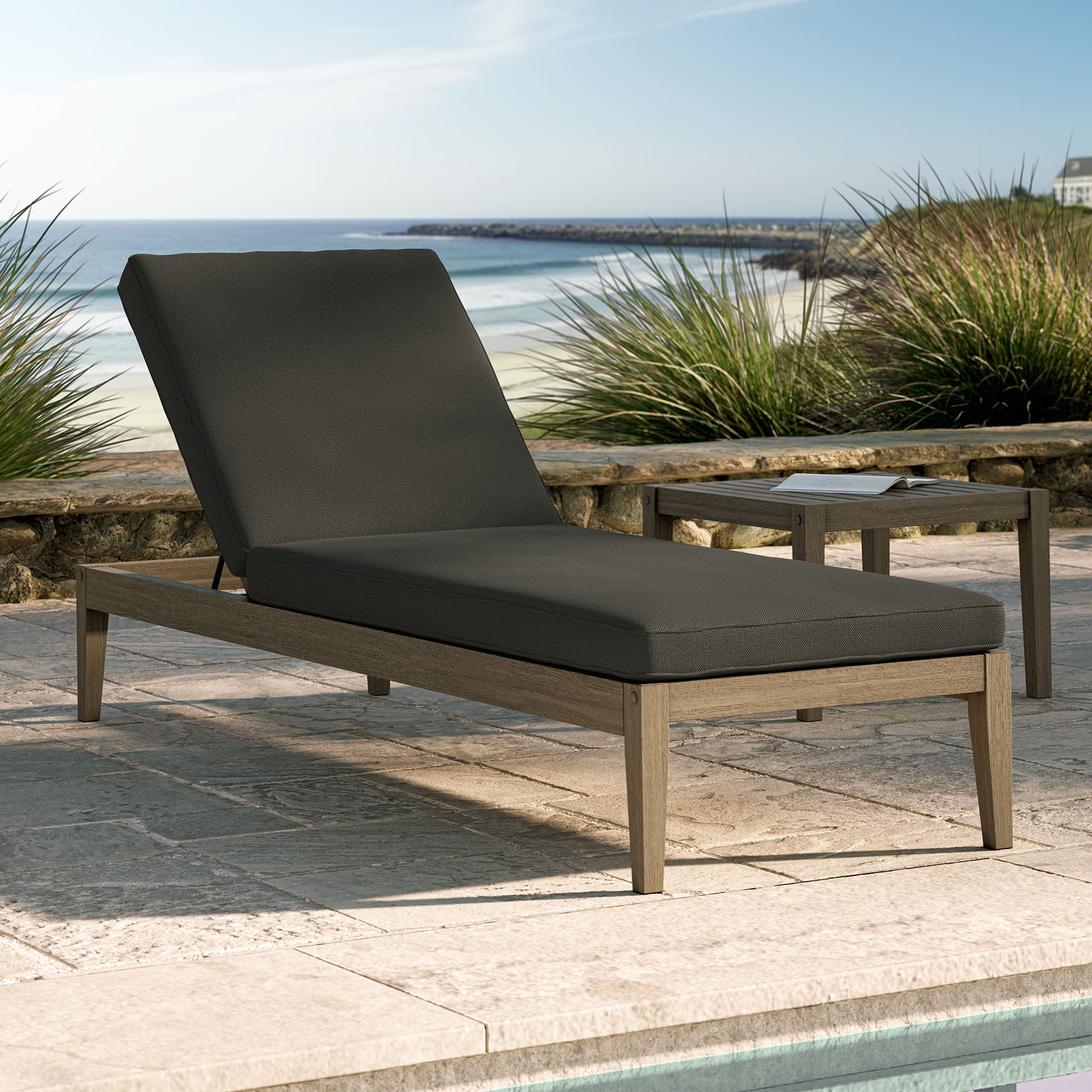 Northlake Outdoor Patio Teak Chaise Lounge, Flint Gray