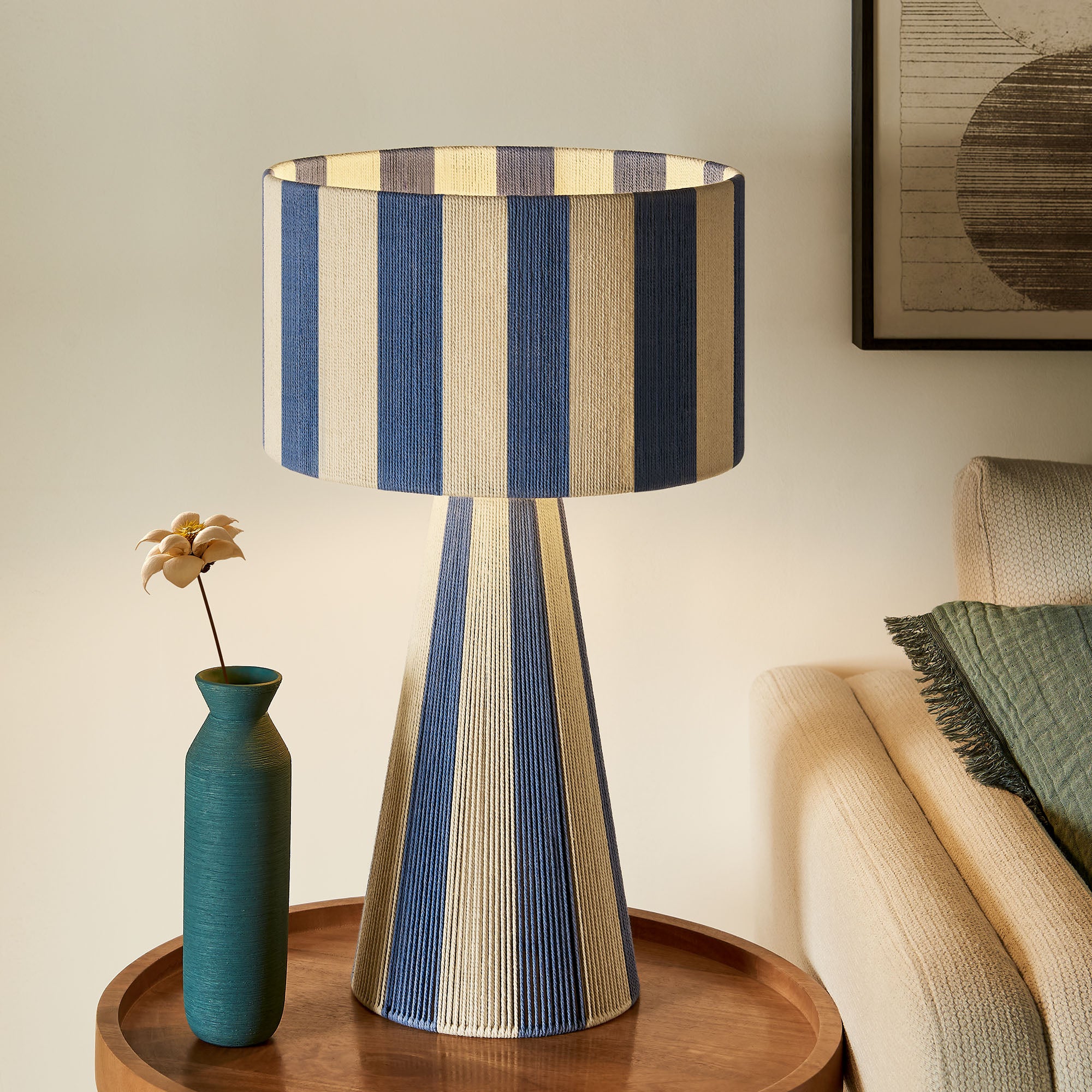 Renae Handwoven Cotton Thread Striped Table Lamp, Capri Blue