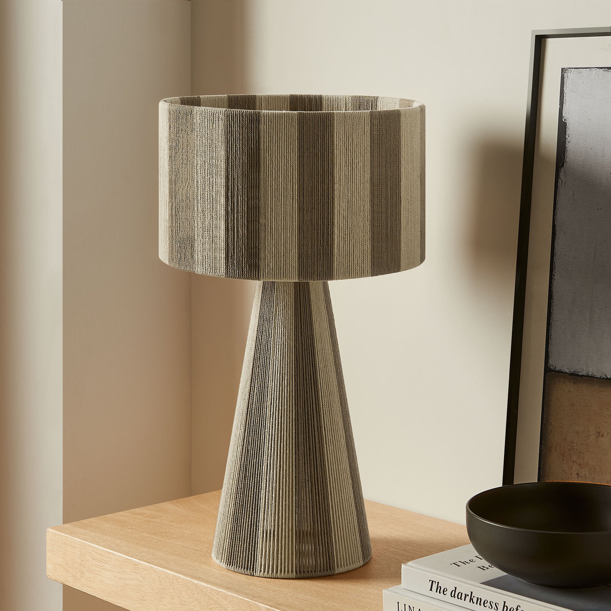 Renae Handwoven Cotton Thread Striped Table Lamp, Cobblestone