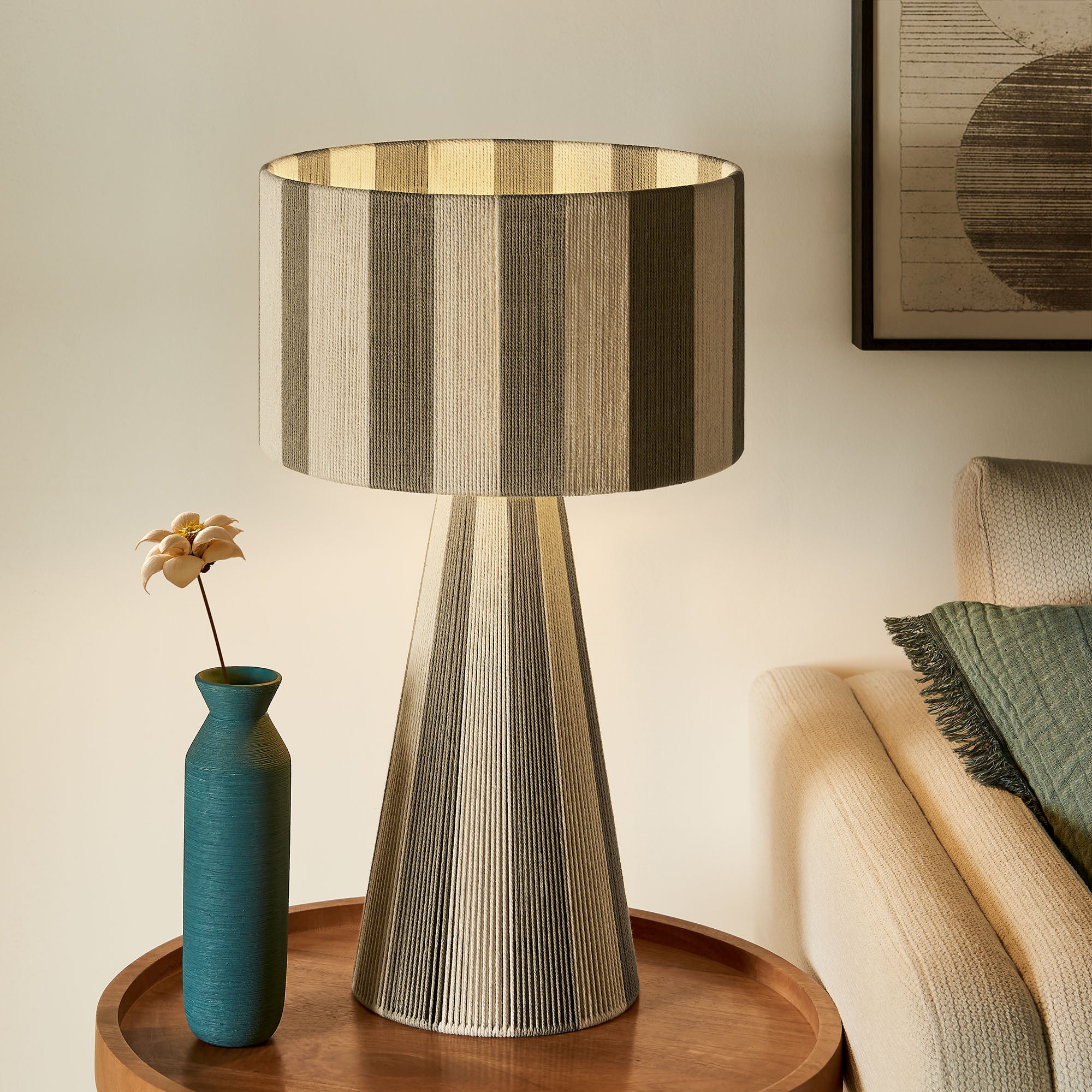 Renae Handwoven Cotton Thread Striped Table Lamp, Cobblestone