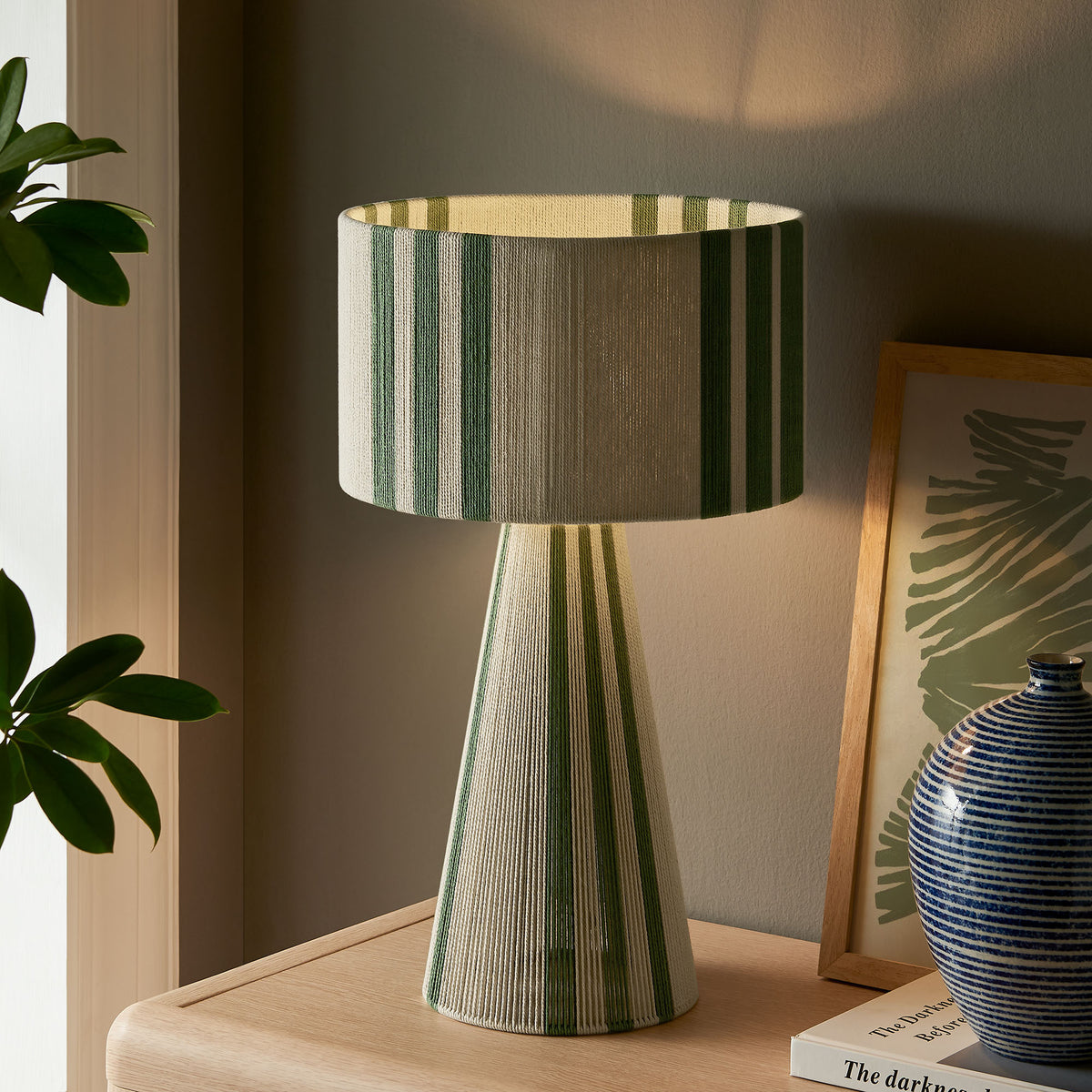 Gia Handwoven Cotton Thread Striped or Plain Table Lamp, Basil Green