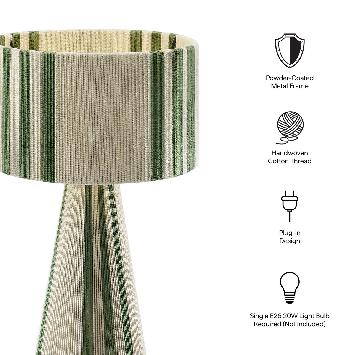 Gia Handwoven Cotton Thread Striped or Plain Table Lamp, Basil Green