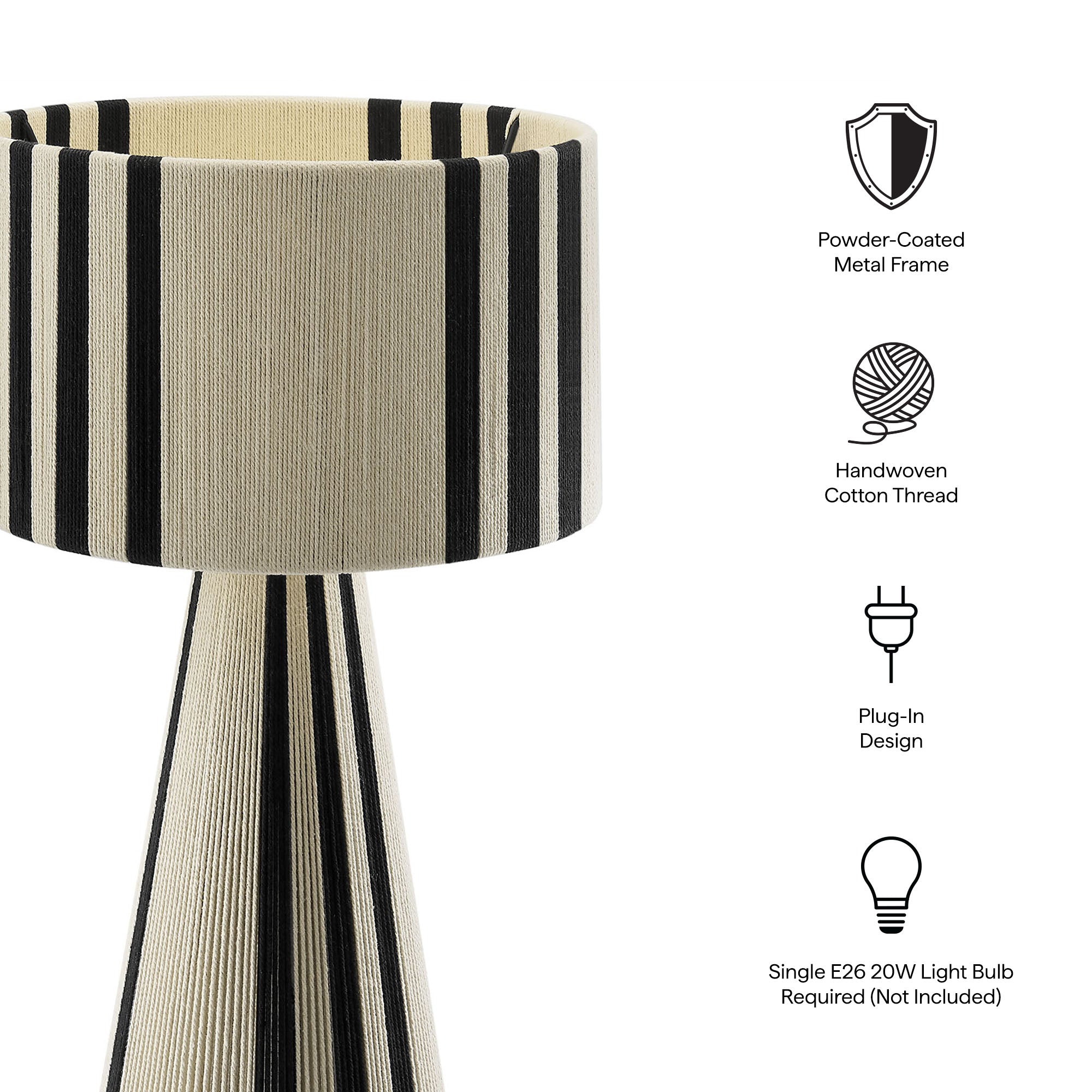 Gia Handwoven Cotton Thread Striped or Plain Table Lamp, Black