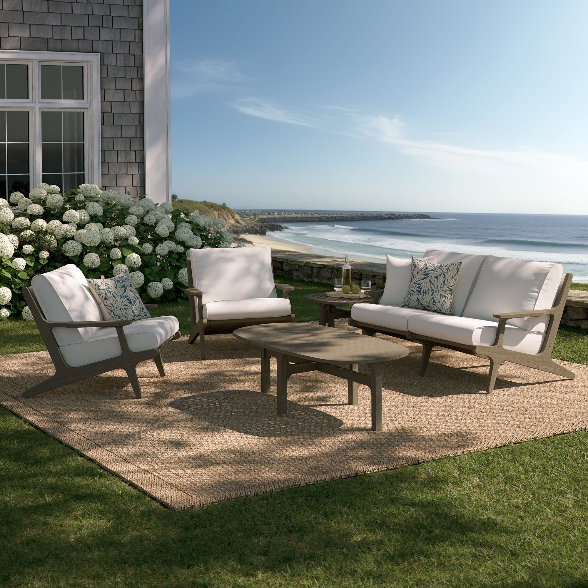 Saratoga 5-Piece Outdoor Patio Teak Wood Furniture Set, Weathered Gray White
