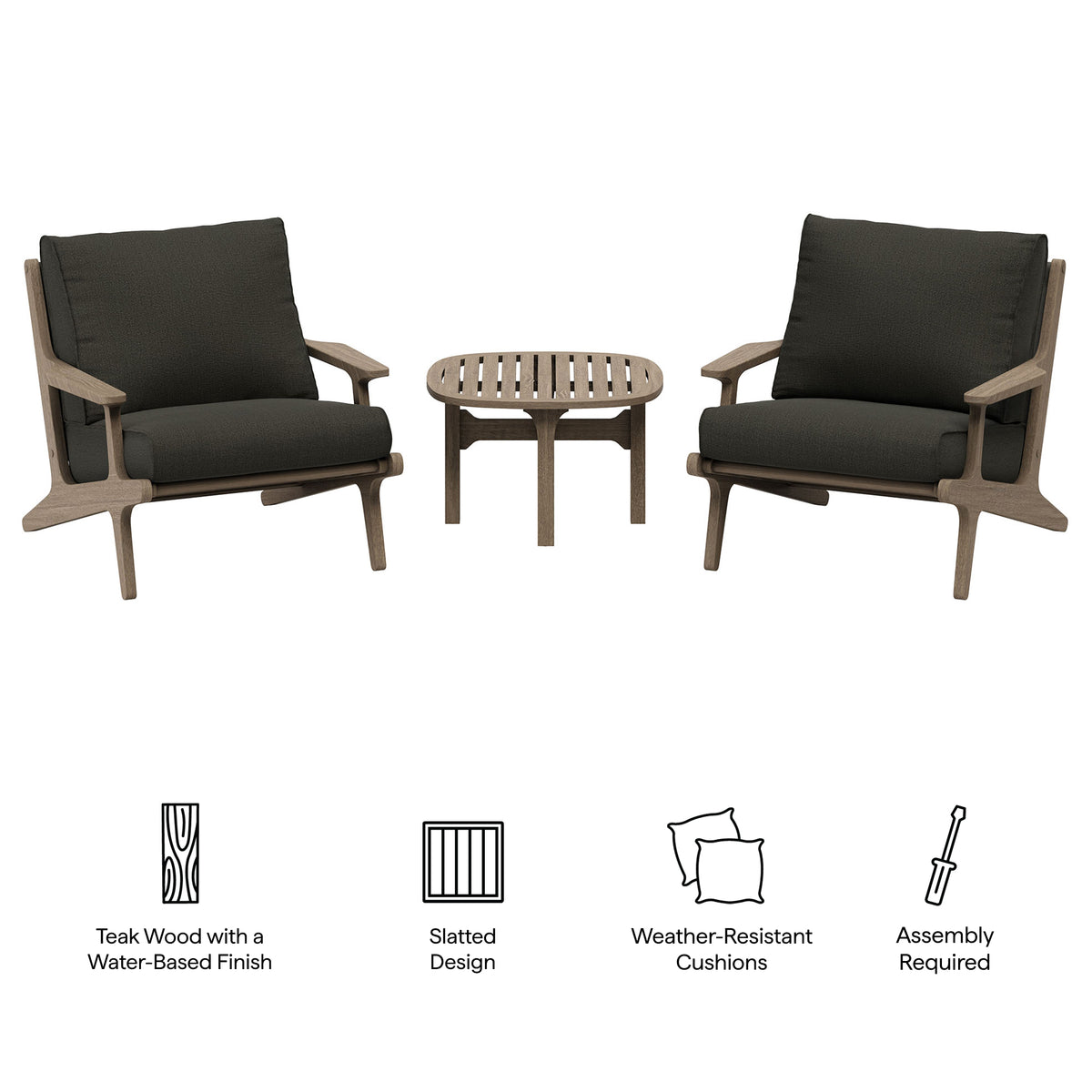 Saratoga 3-Piece Outdoor Patio Teak Wood Furniture Set with Lounge Chairs and Side Table, Flint Gray