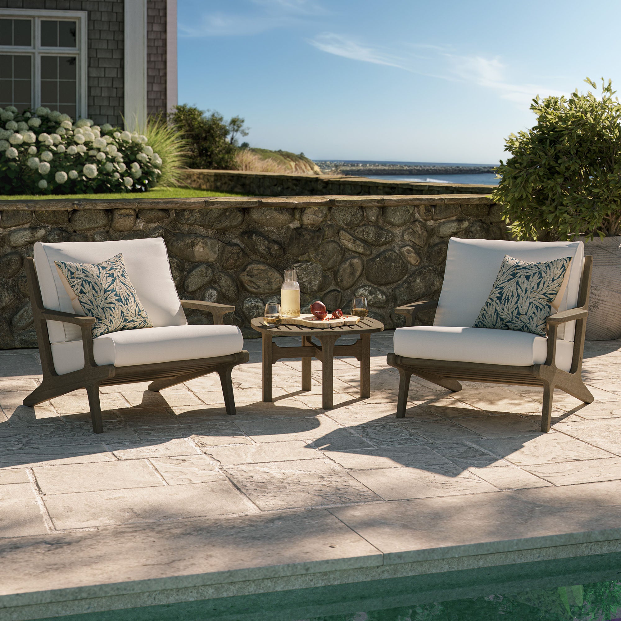 Saratoga 3-Piece Outdoor Patio Teak Wood Furniture Set with Lounge Chairs and Side Table, Weathered Gray White