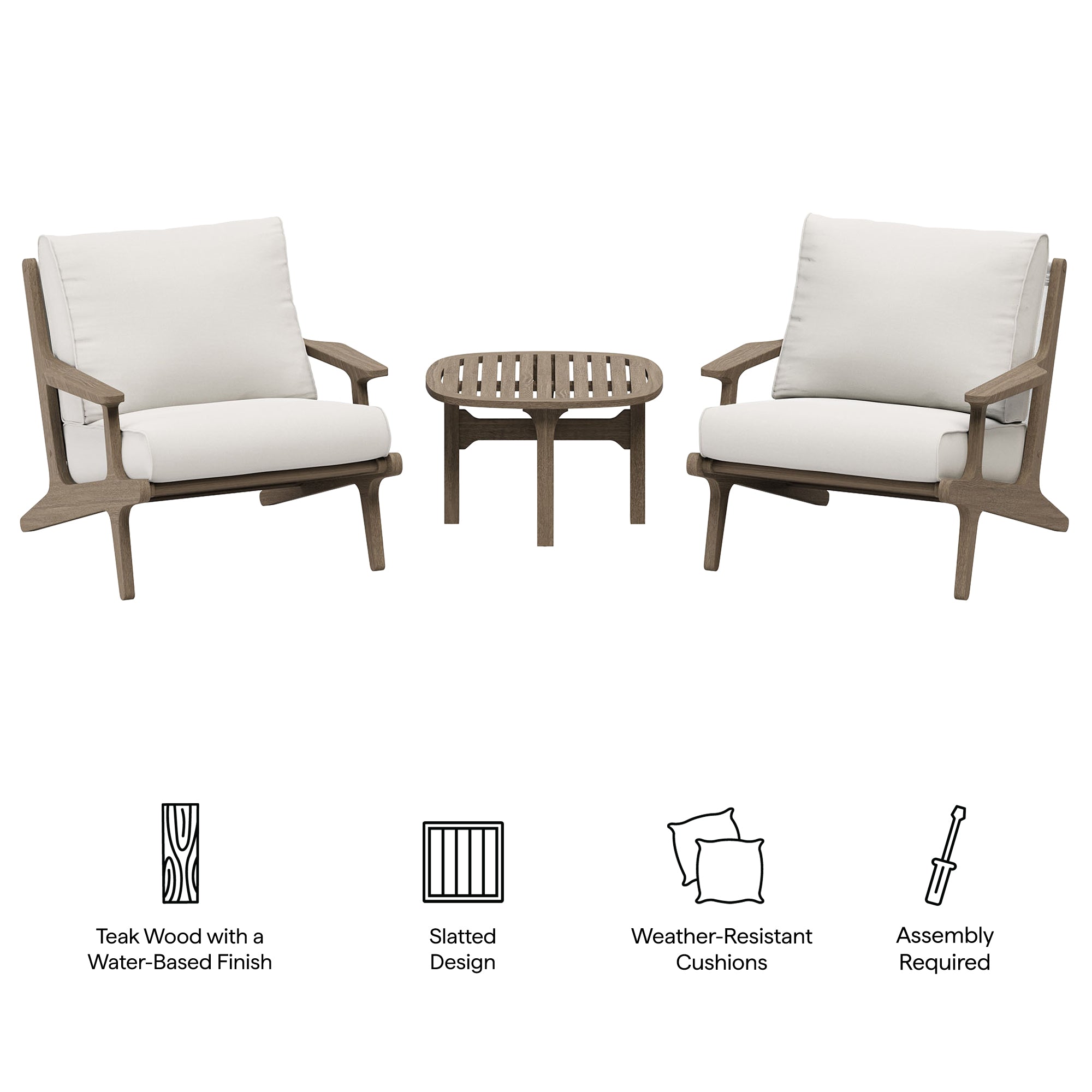 Saratoga 3-Piece Outdoor Patio Teak Wood Furniture Set with Lounge Chairs and Side Table, Weathered Gray White